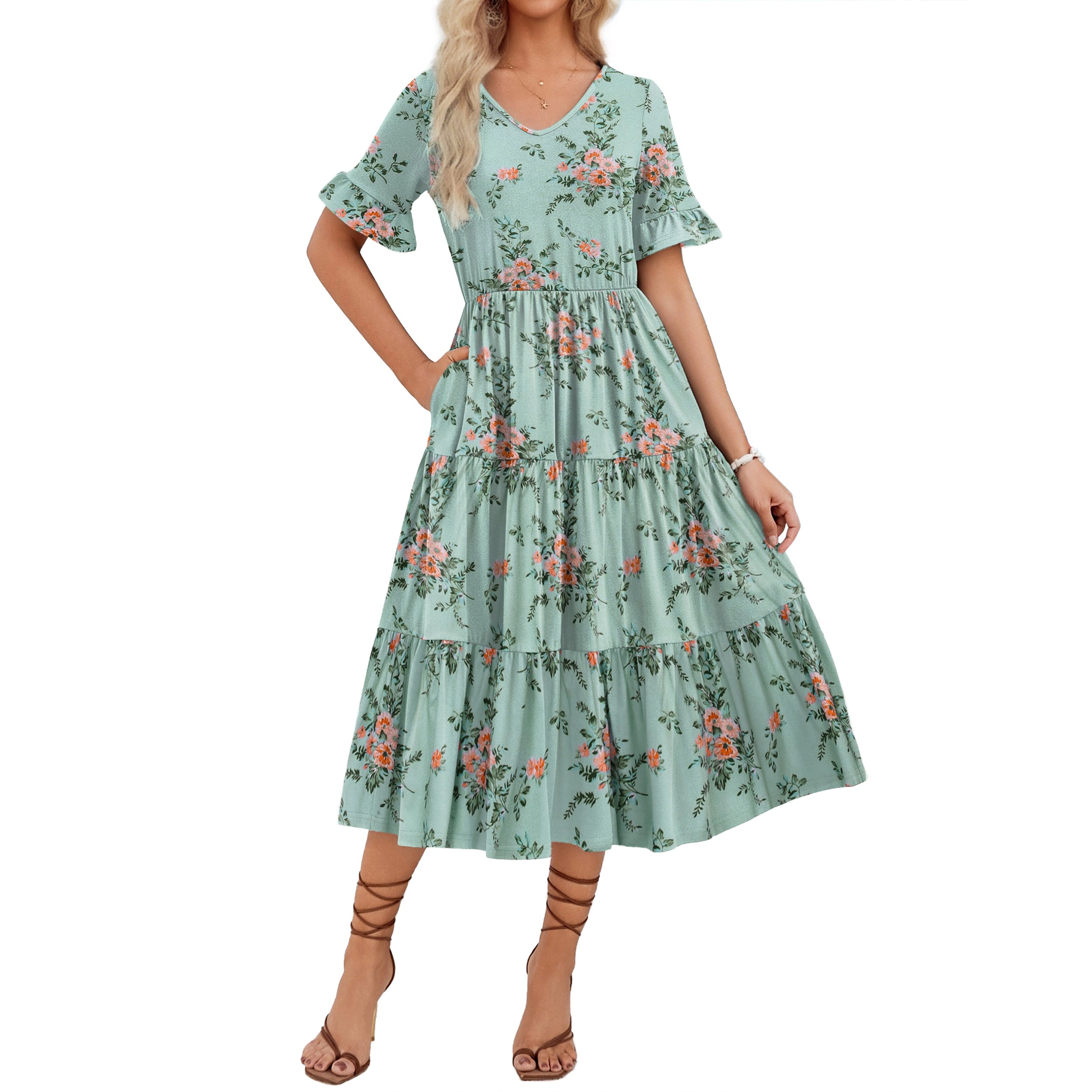 Zeagoo Women's V Neck Ruffle Sleeve Midi Dress