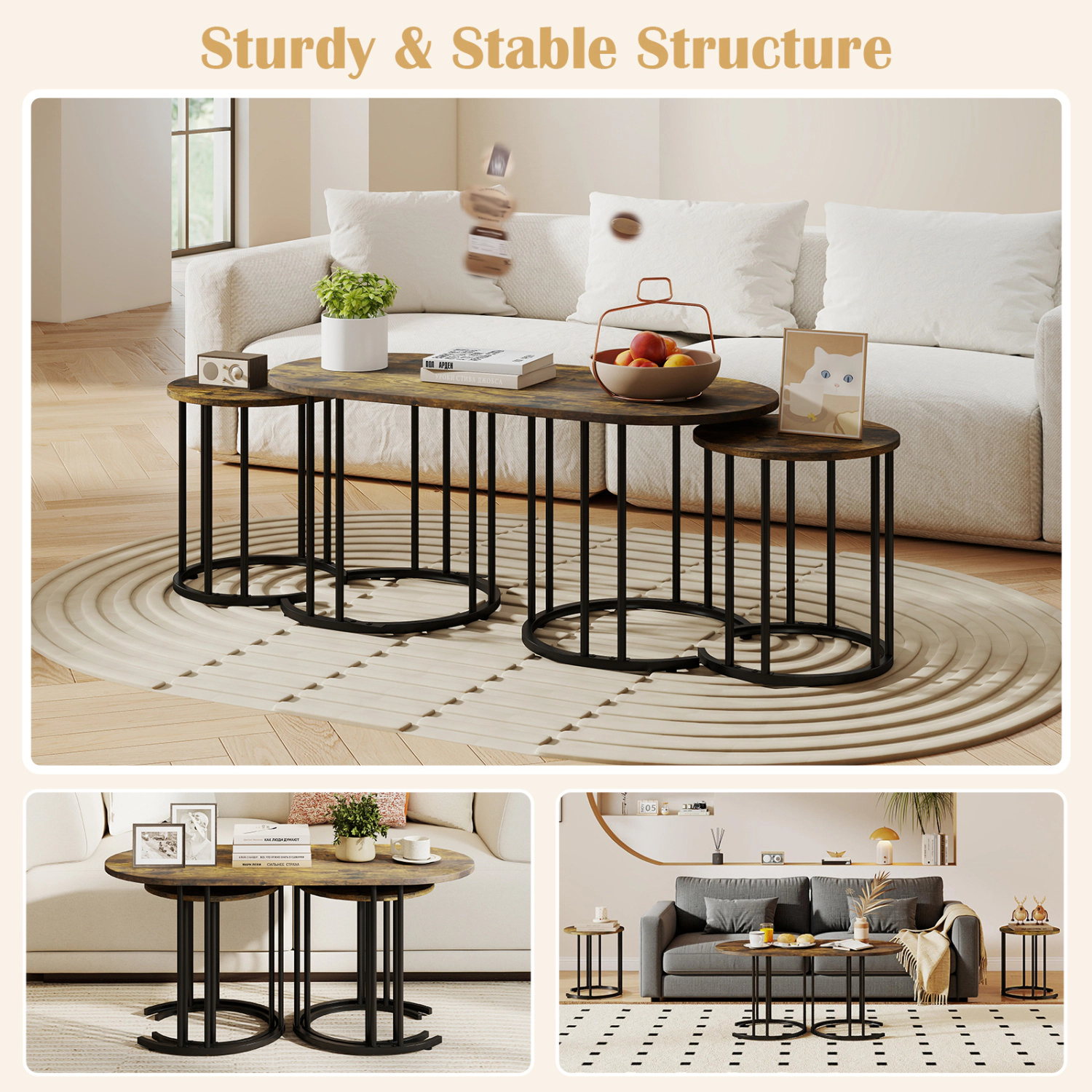 Glintex 3-Piece Nesting Coffee Table Set with Faux Marble Tops and Metal Tube Frames, Rustic Brown & Black