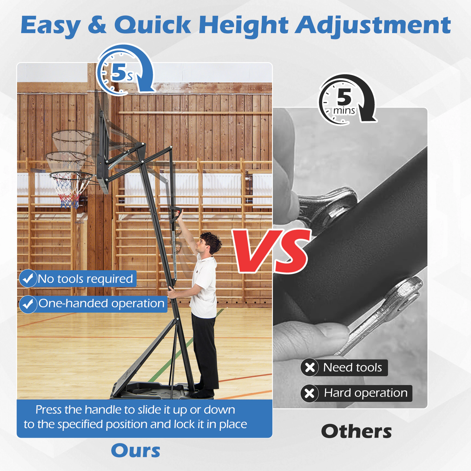 SUGIFT 4.9-ft to 10-ft 10-Level Adjustable Portable Basketball Hoop with 44-in PC Backboard and Rebounder