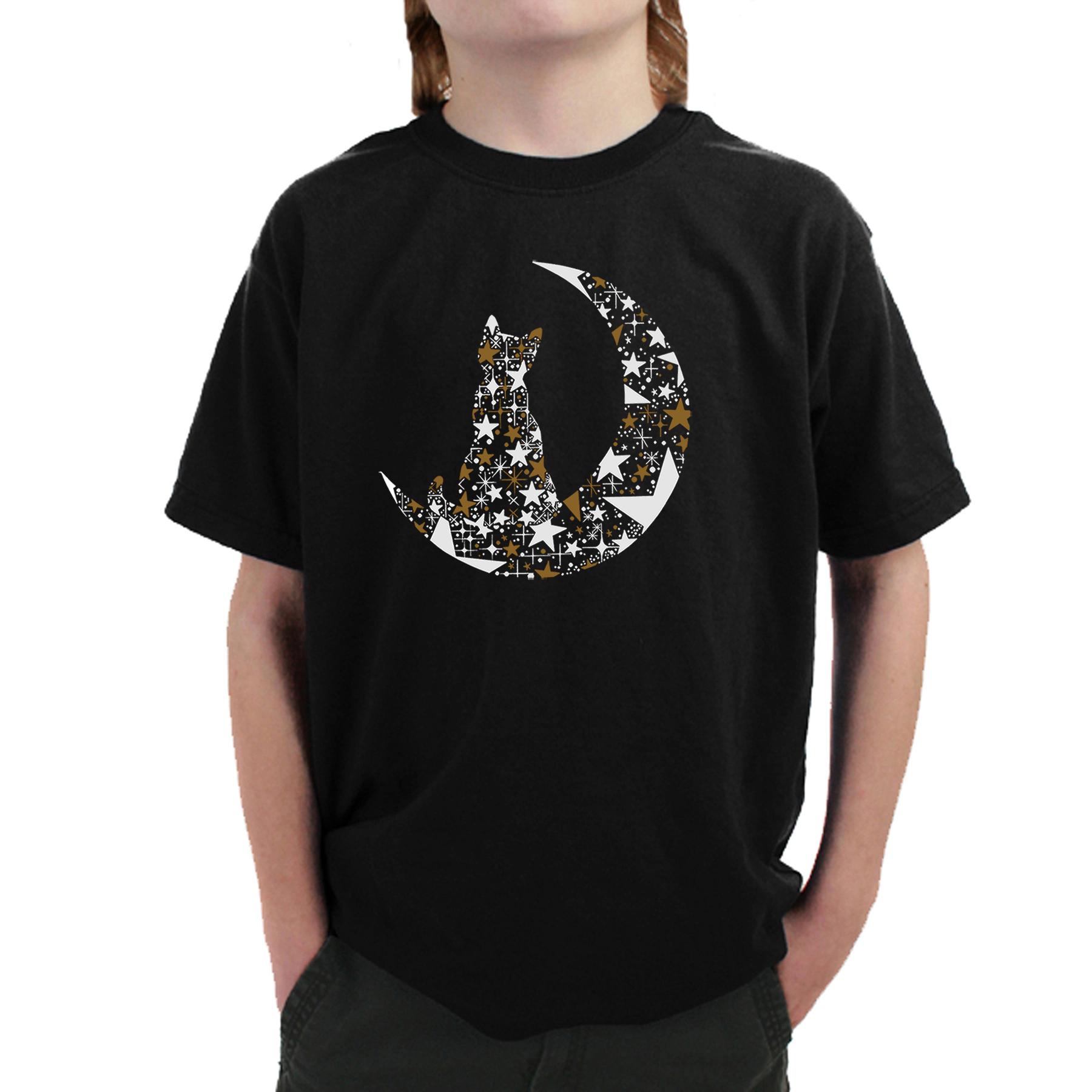 LA Pop Art Boy's Word T-Shirt - Cat Sitting On Moon