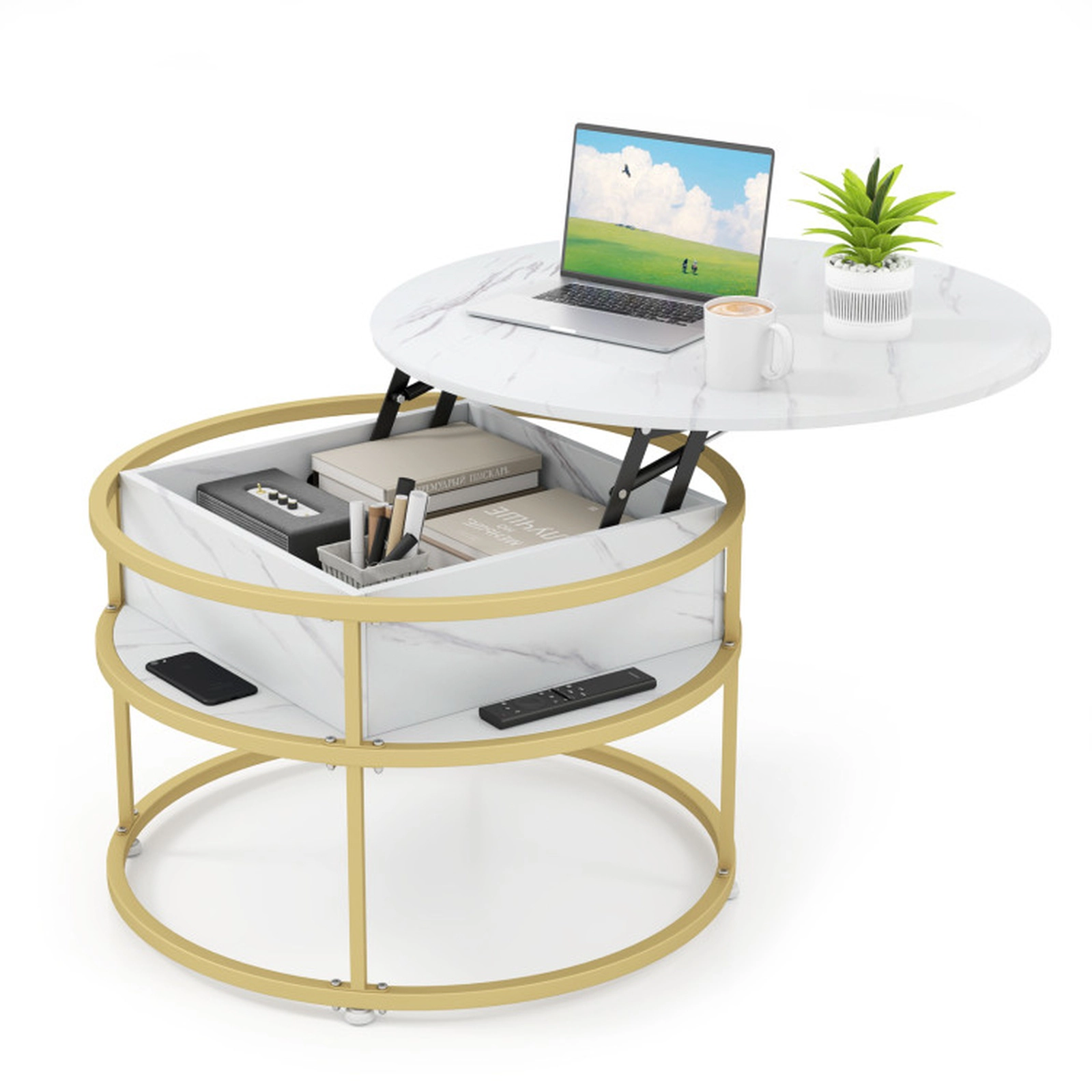 SUGIFT Round Gas Lift Top Hidden Compartment Coffee Table 31.5-in Dia 19.5-in to 25-in H 110-lb Capacity White