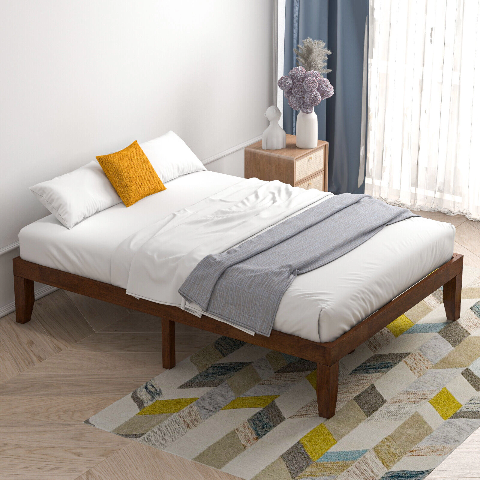 14-in Full Size Solid Wood Platform Bed Frame with 14 Poplar Slats 10 Support Legs Coffee