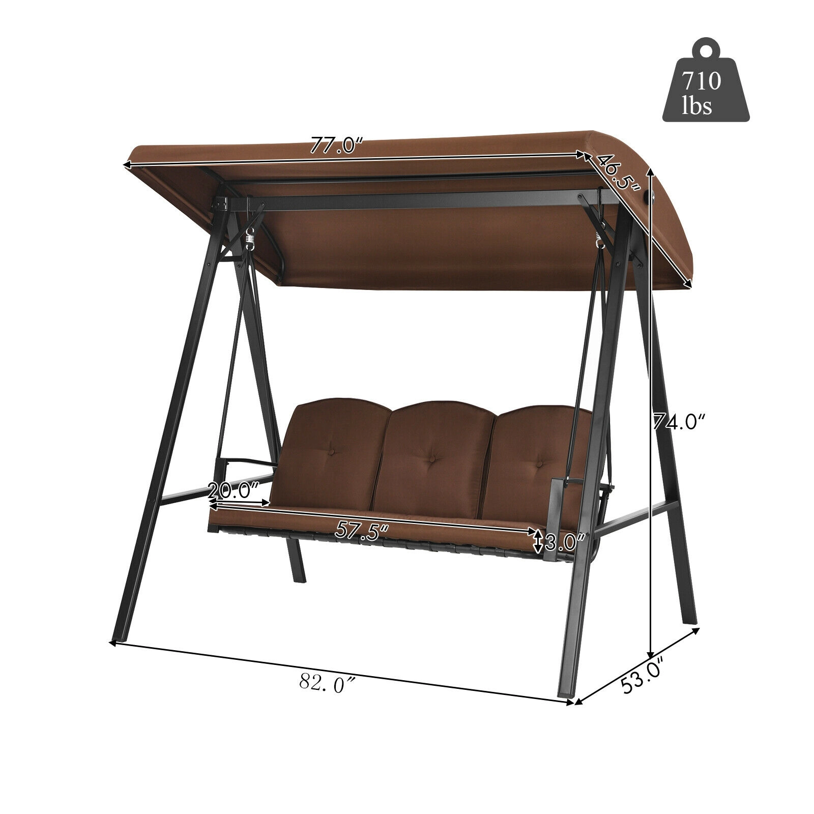 LJG Outdoor 3-Seat Porch Swing with Adjust Canopy and Cushions