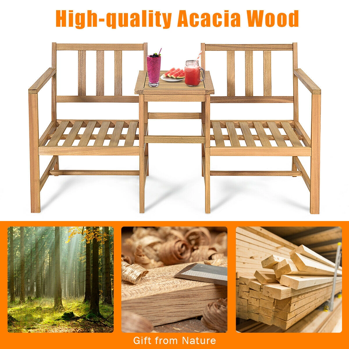 SUGIFT 3-in-1 Acacia Wood Loveseat Conversation Set with Separable Coffee Table 355-lb Chair Capacity Natural Teak