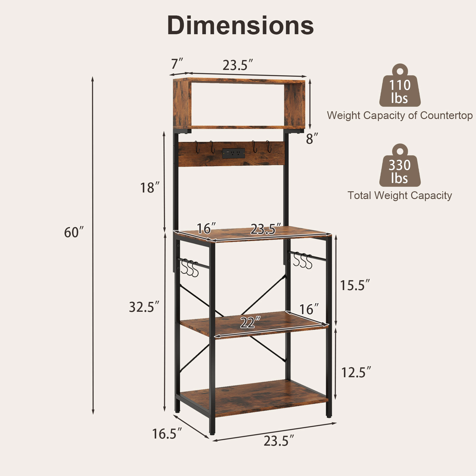 SUGIFT 60-in Tall Rustic Brown Microwave Stand with Power Strip 4 Open Shelves and 10 Hooks for Coffee Bar