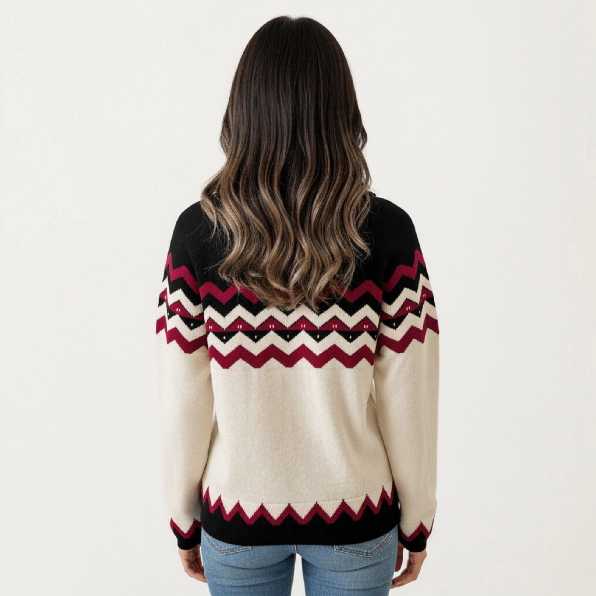 Anna-Kaci Women's Chevron Pattern Split Collar Ribbed Trim Long Sleeve Knit Sweater