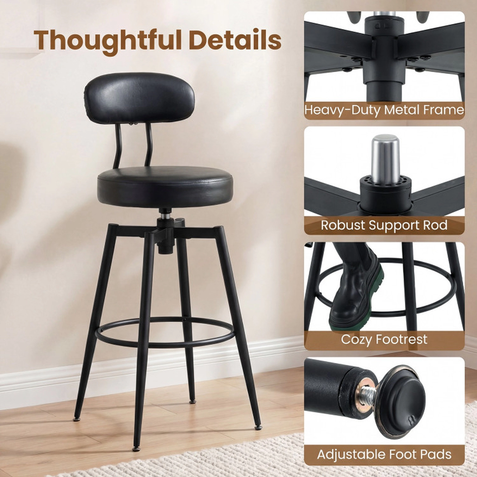 SUGIFT Black Upholstered Faux Leather Seat and Back Set of 4 Swivel Bar Stools