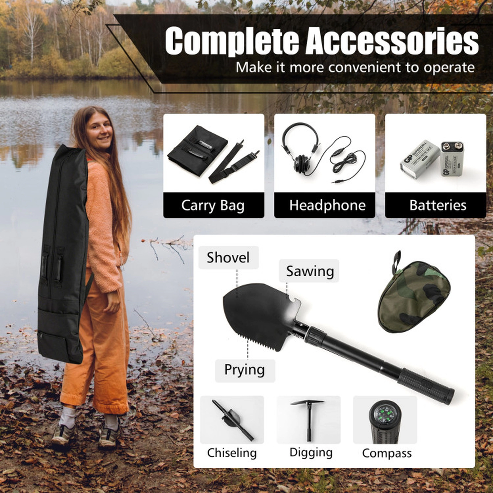 SUGIFT 4-Mode 10-in Depth Adjustable Metal Detector with Waterproof Search Coil Backlit LCD and Shovel
