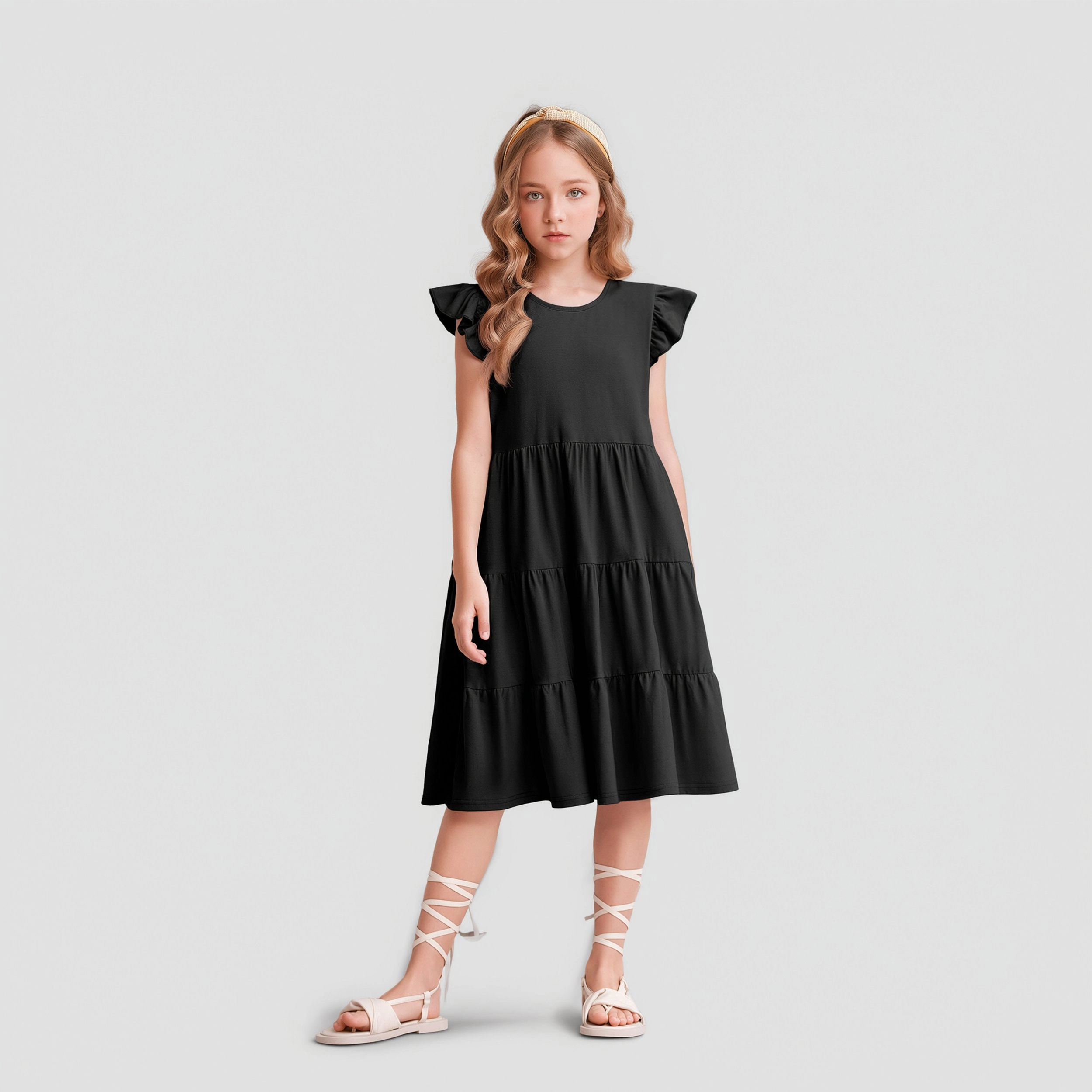 Arshiner Girl Summer Dresses Ruffle Sleeve Tiered Swing Midi Casual Sundress With Pockets Tween