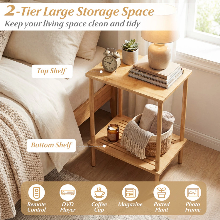 Hivvago Side Table Set Of 2 2-Tier Bamboo End Table With Storage Shelves Rectangular Tea Sofa Table