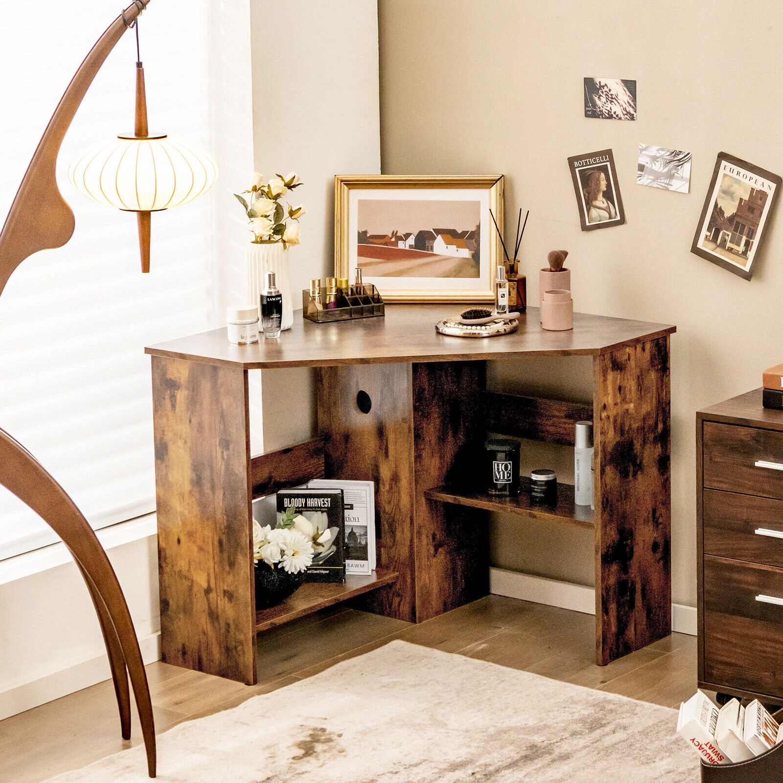 SUGIFT Corner Computer Desk Rustic Brown Triangle Workstation with 1 in Thick Board
