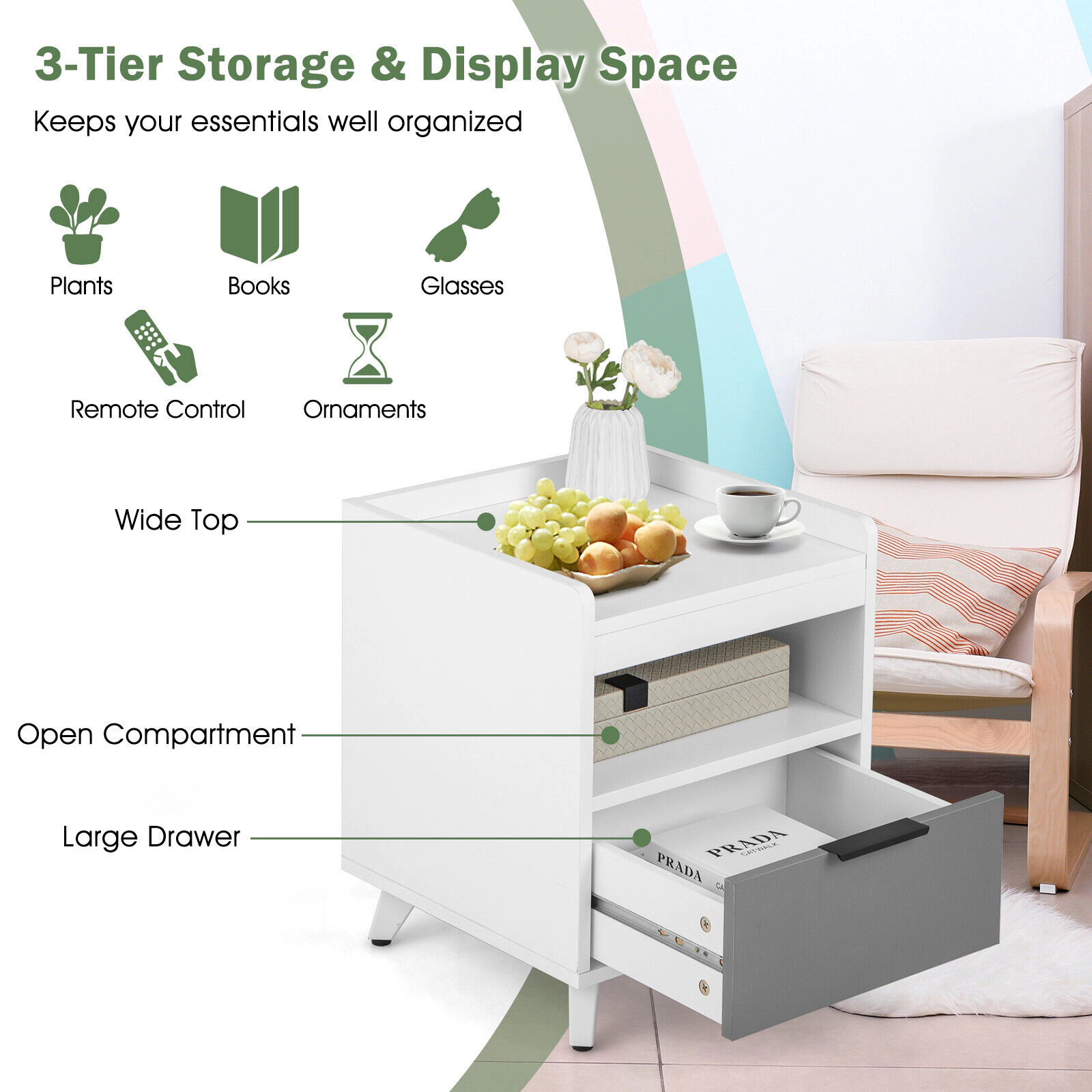 Glintex LED Nightstand with Silent Drawer Slides and 50-Ft Remote Range, White