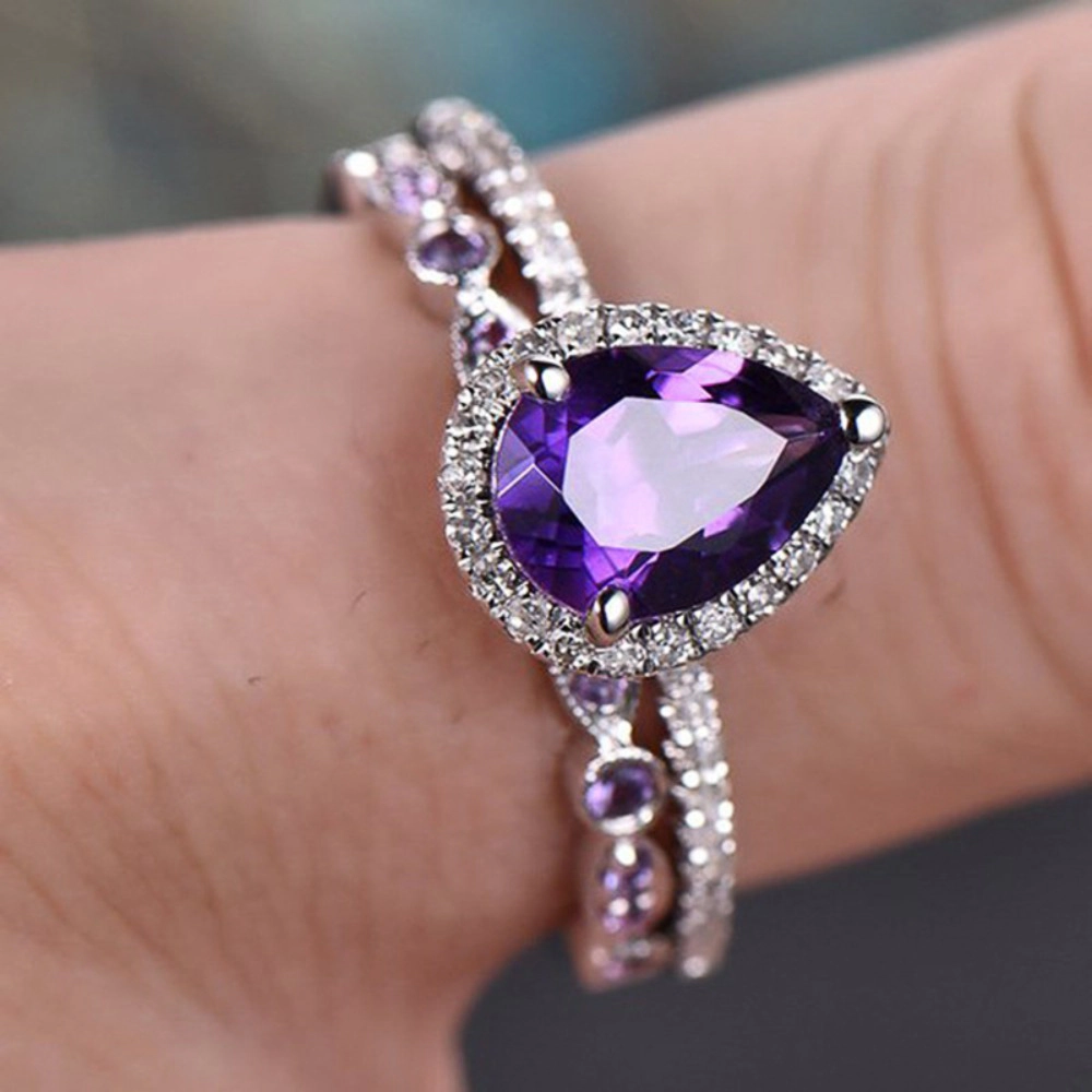 2-Piece Women's Ring Set with Pear-Cut Purple Cubic Zirconia