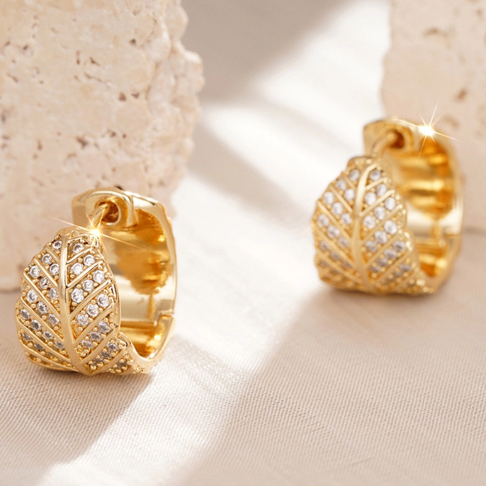 Wardrobe Whimsy Full Paved Leaf Hoop Earrings Cubic Zirconia Gold Tone Earrings for Women
