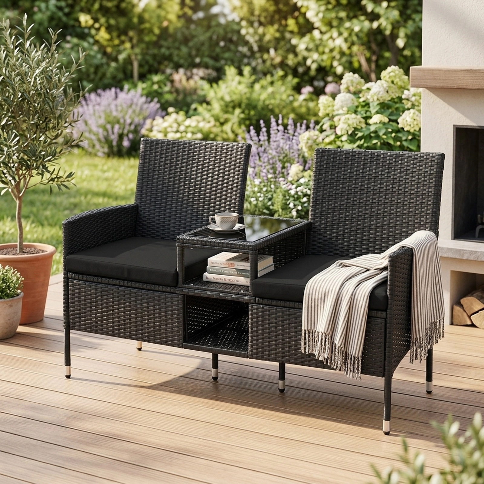 SUGIFT Glass Side Table and Storage Shelves Outdoor Wicker Patio Loveseat