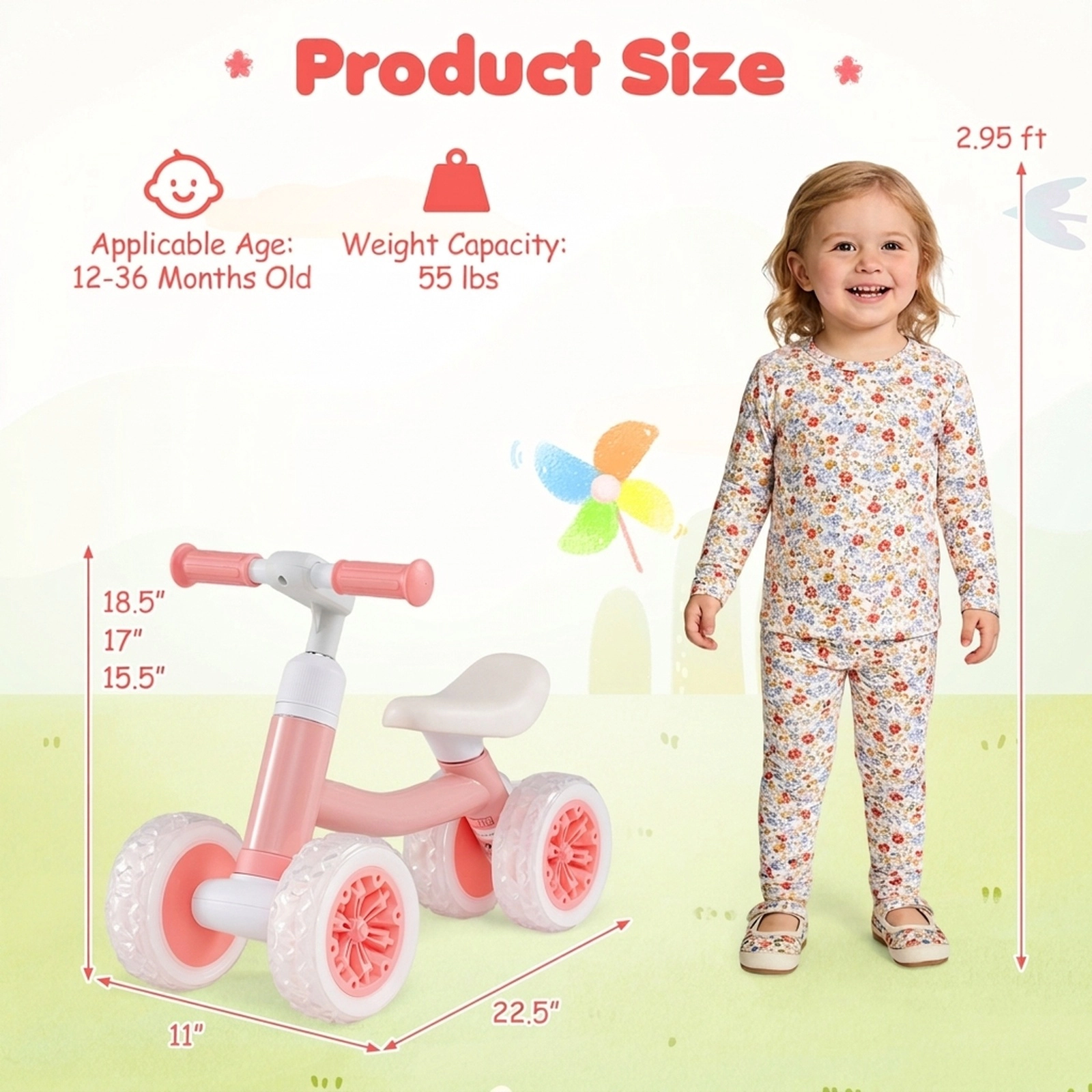 Baby Balance Bike 12-36 Months Light Up Wheels 3-Level Adjustable Handlebar Seat No Pedal Trainer 55-lb Capacity