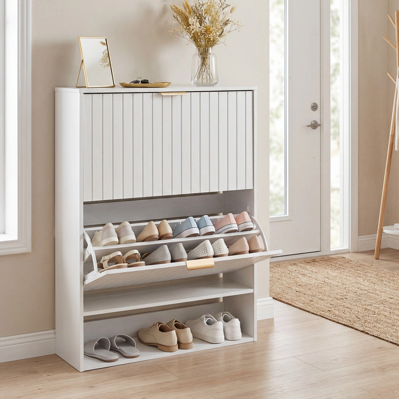 SUGIFT White 9.5-in Slim Fluted Shoe Cabinet with 2 Flip Drawers and Hidden Shoe Storage for Hallway