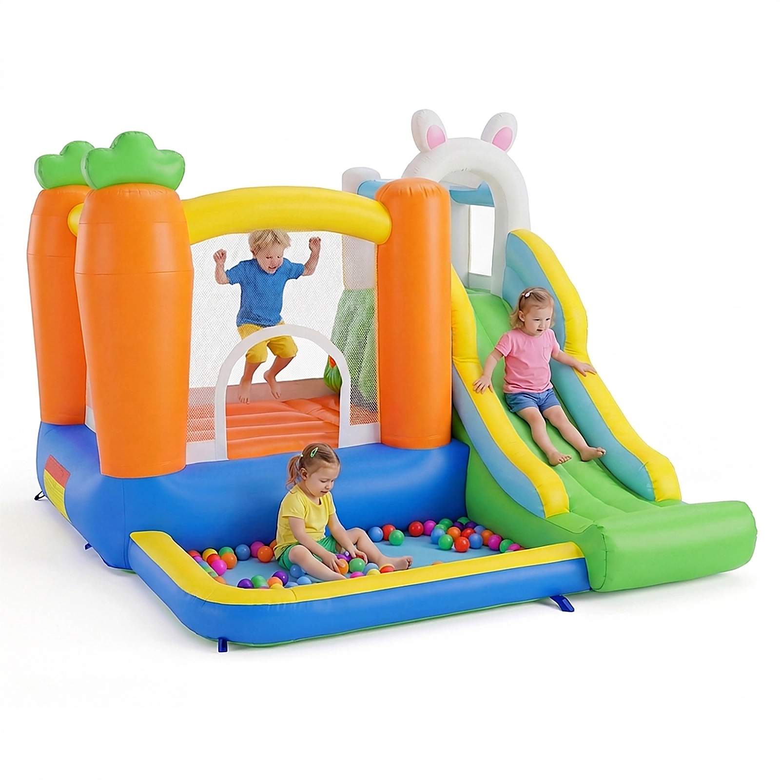 SUGIFT Kids Bounce House with Climbing Wall Basketball Rim Slide and Ball Pit 110.5-in W 96.5-in D Multicolor