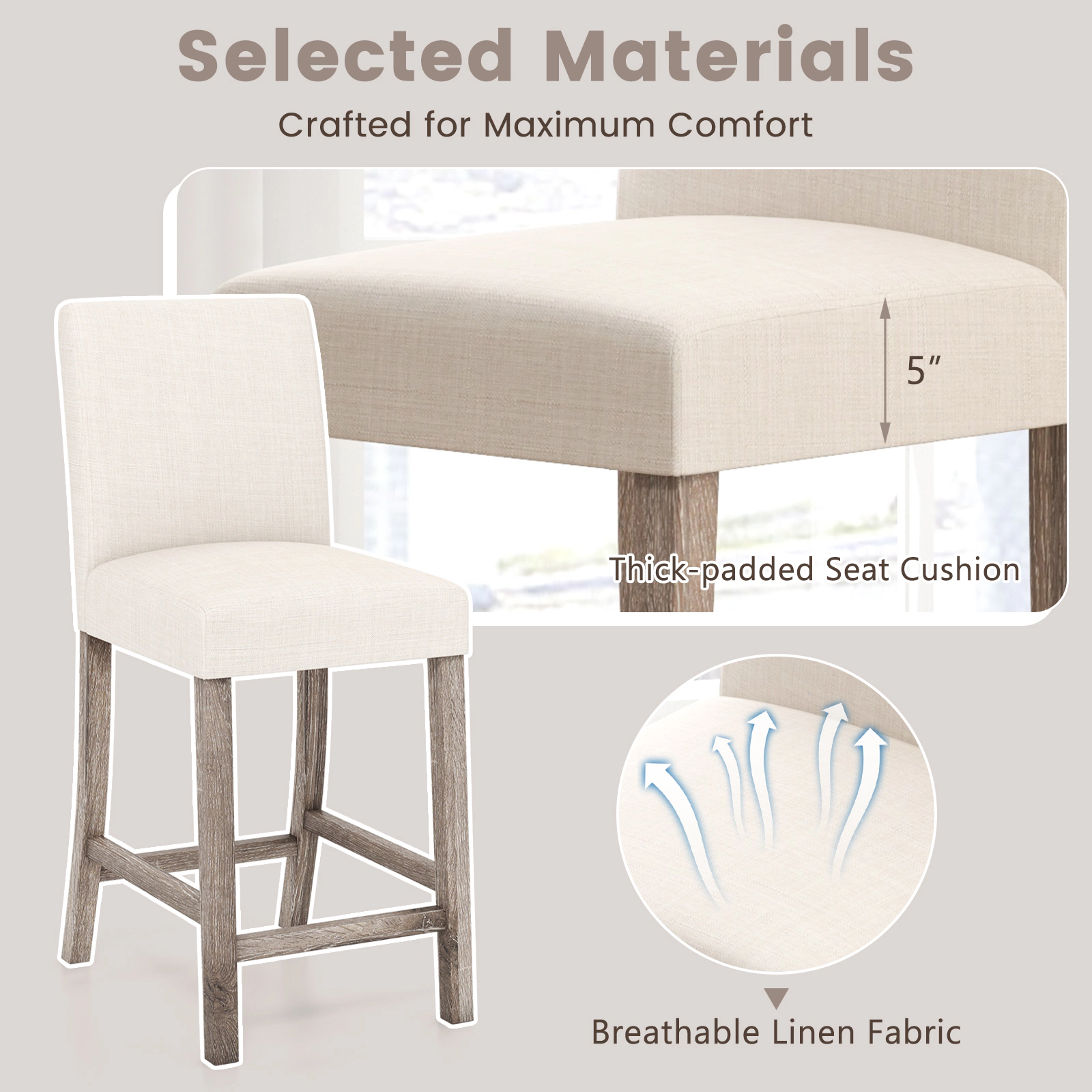 SUGIFT Set of 2 Beige Linen Upholstered Counter Height Bar Stools, 24.5-Inch Seat, Backrest