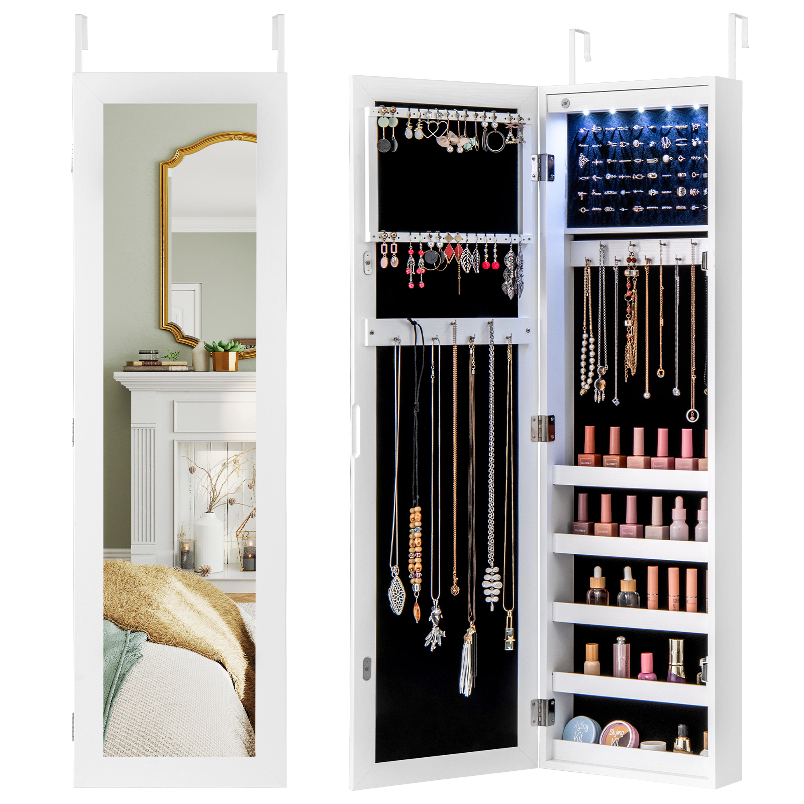 Slickblue 42 Inch Wall or Door Mounted Mirrored Jewelry Cabinet with LED Lights and Storage Shelves