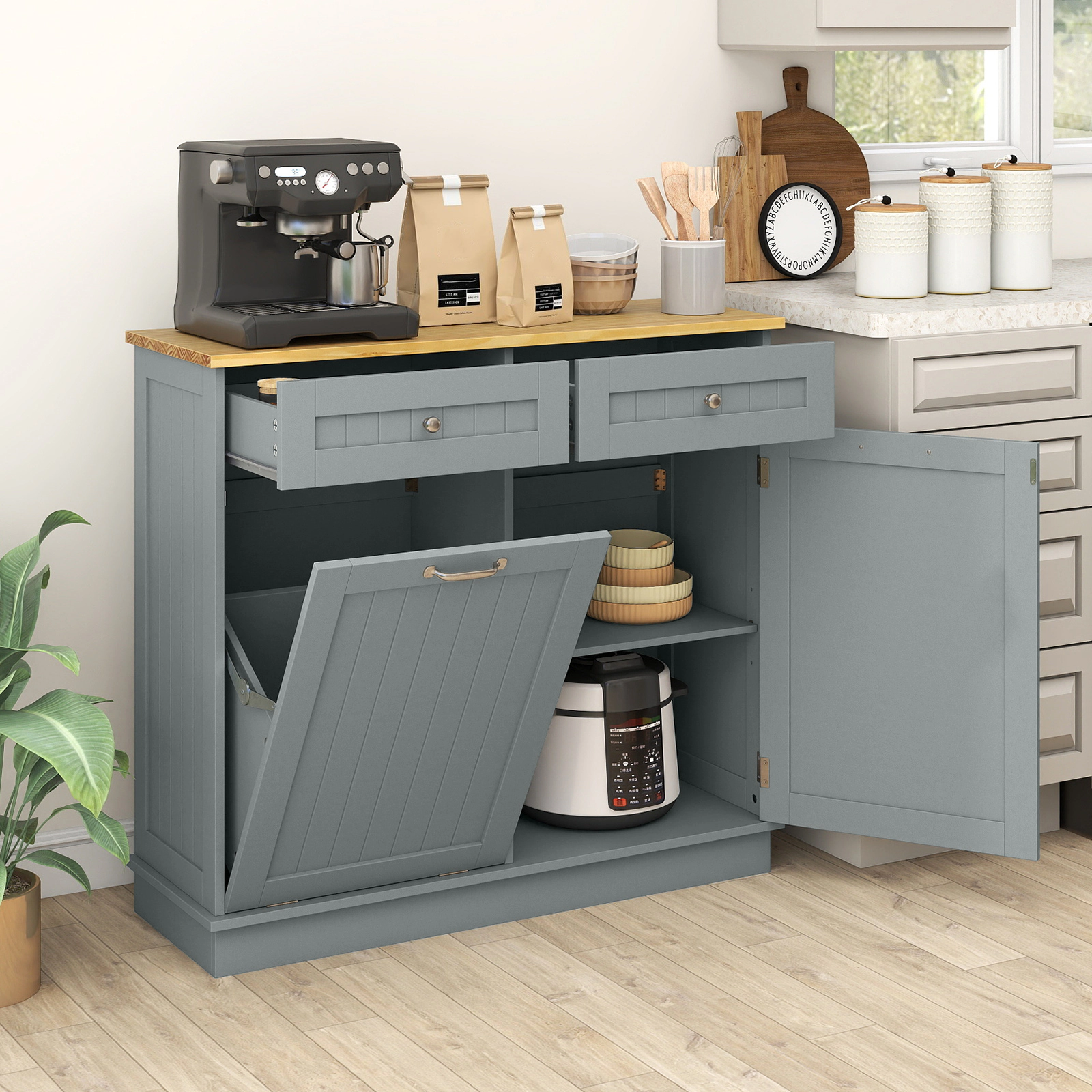 Glintex 39.5-Inch Tilt-Out Trash Cabinet with Pine Wood Countertop