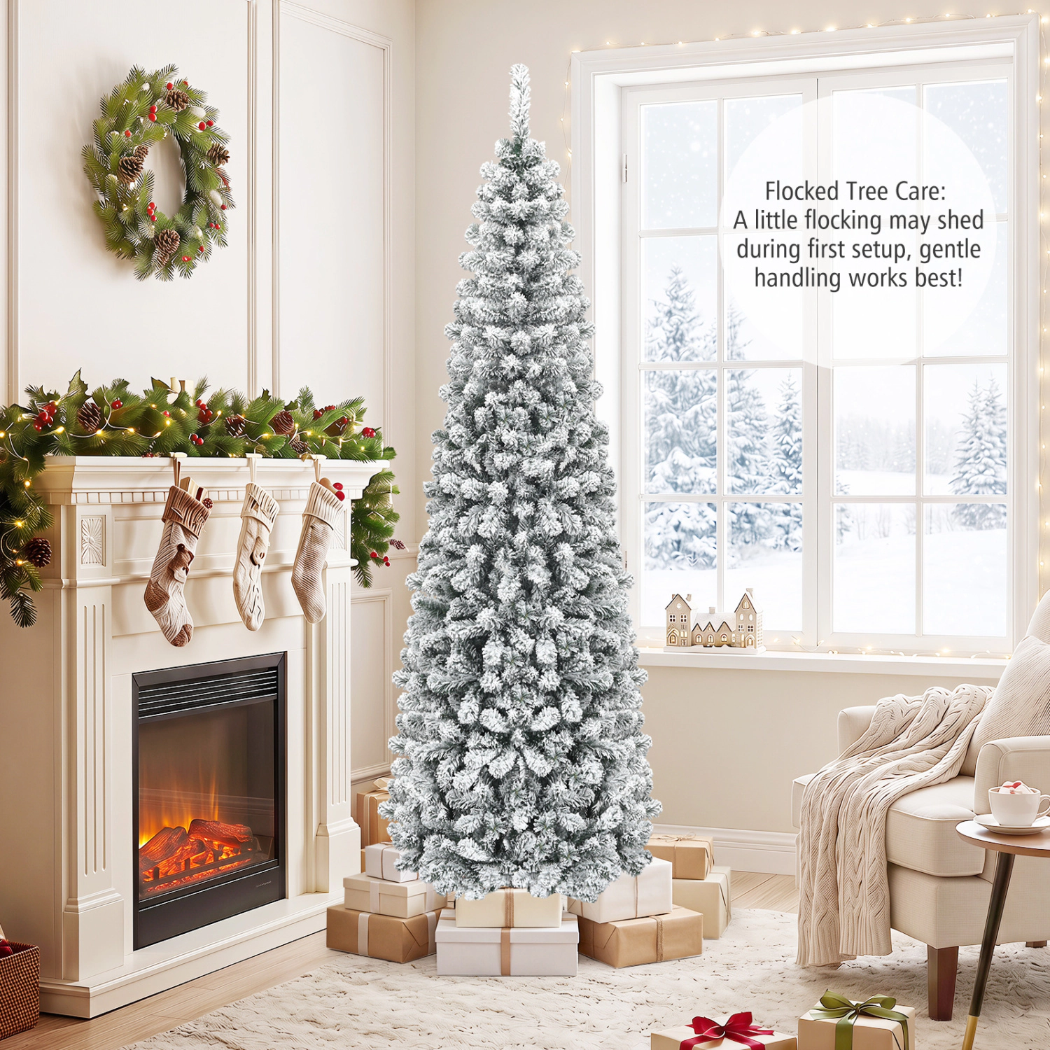LJG 7.5 Feet Unlit Hinged Snow Flocked Artificial Pencil Christmas Tree with 641 Tips