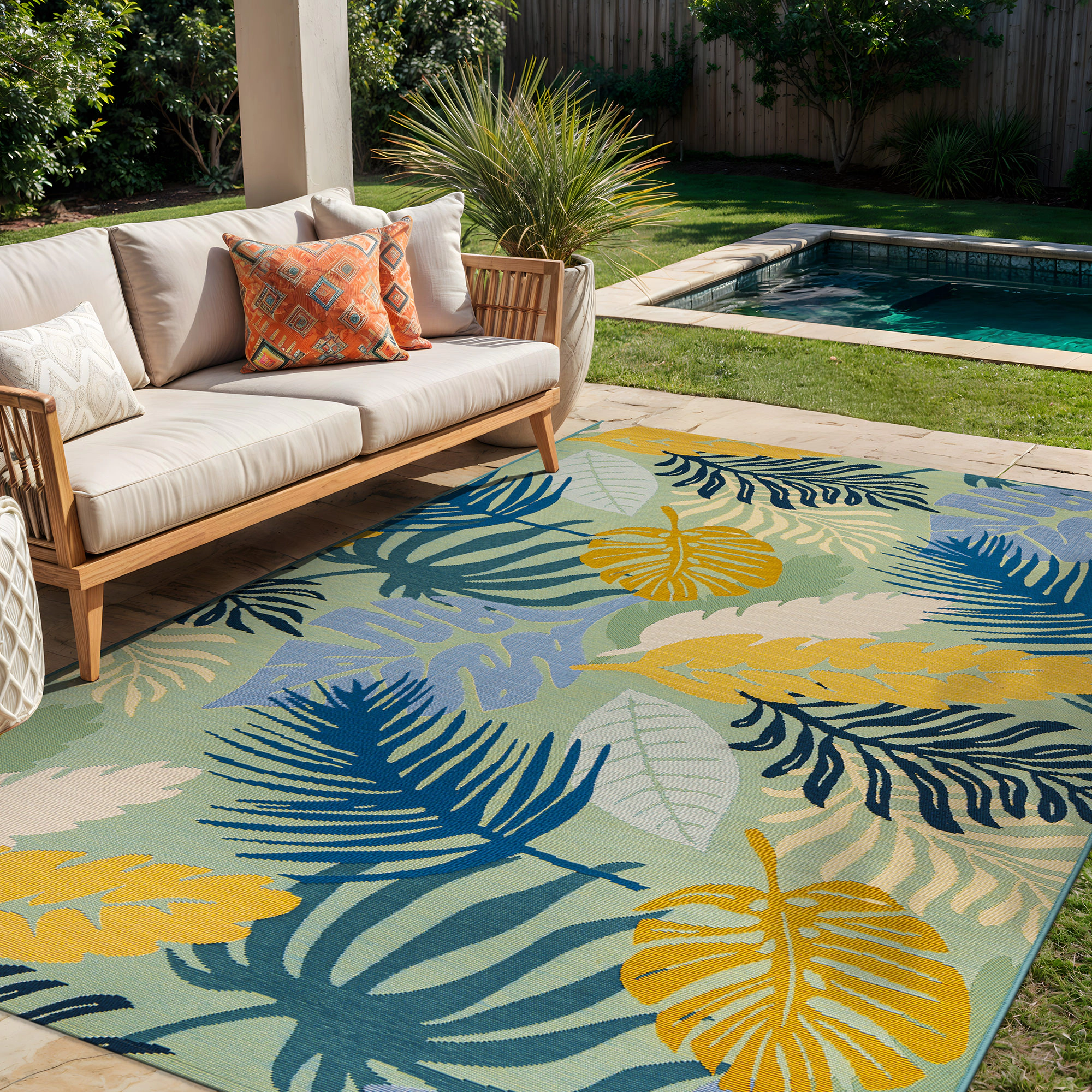 World Rug Gallery Coastal Tropical Leaf Indoor/Outdoor Patio Area Rug, Easy-Care Patio Rug