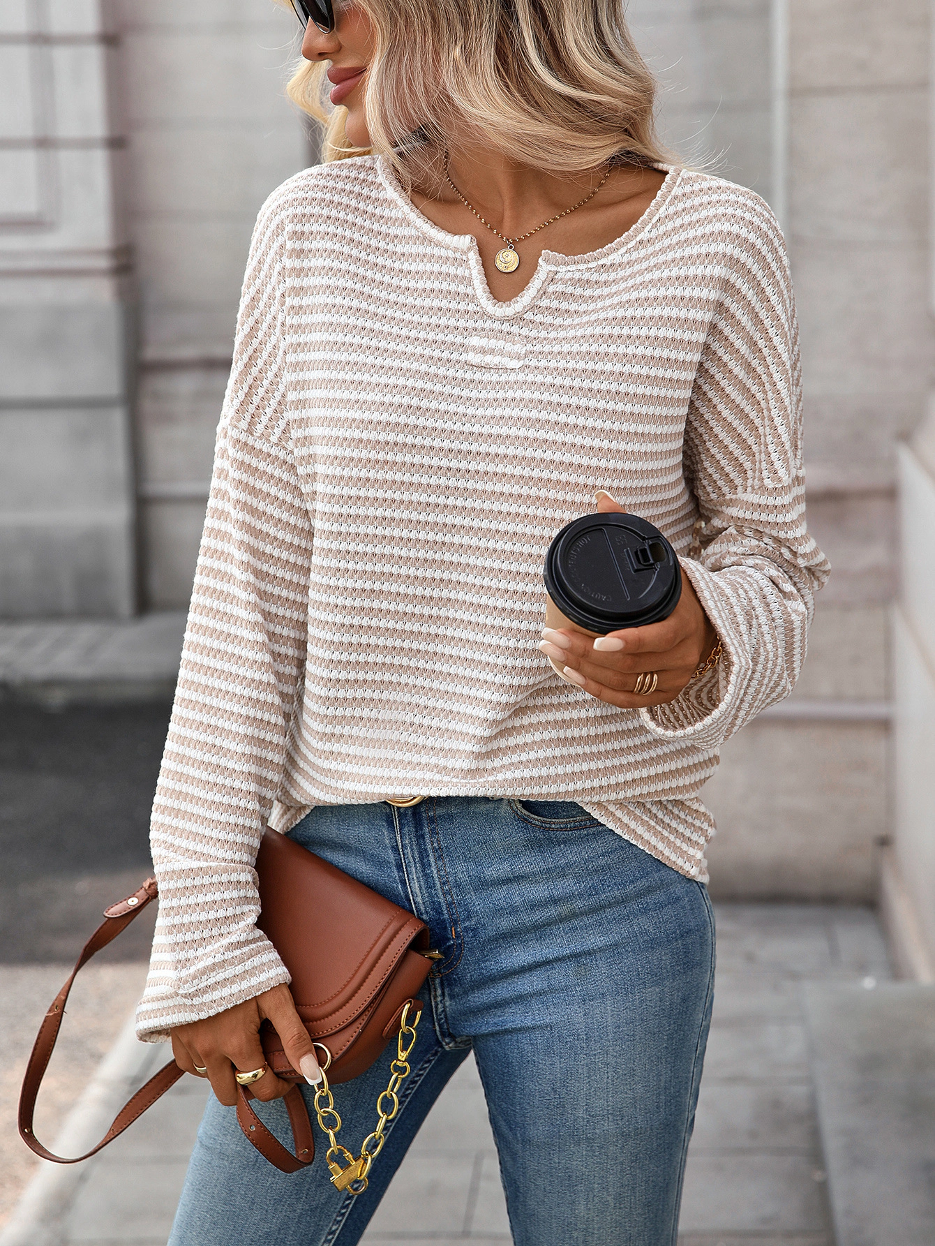 Enchanted Funland Womens Notched V‑Neck Striped Knit Long Sleeve Casual Tops