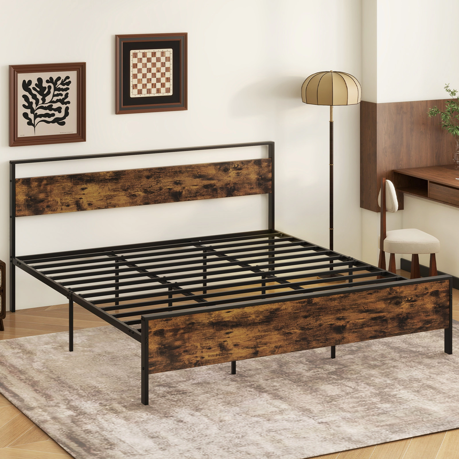 SUGIFT King Industrial Metal Platform Bed with Rustic Wood Panel Headboard, 1100-lb Capacity