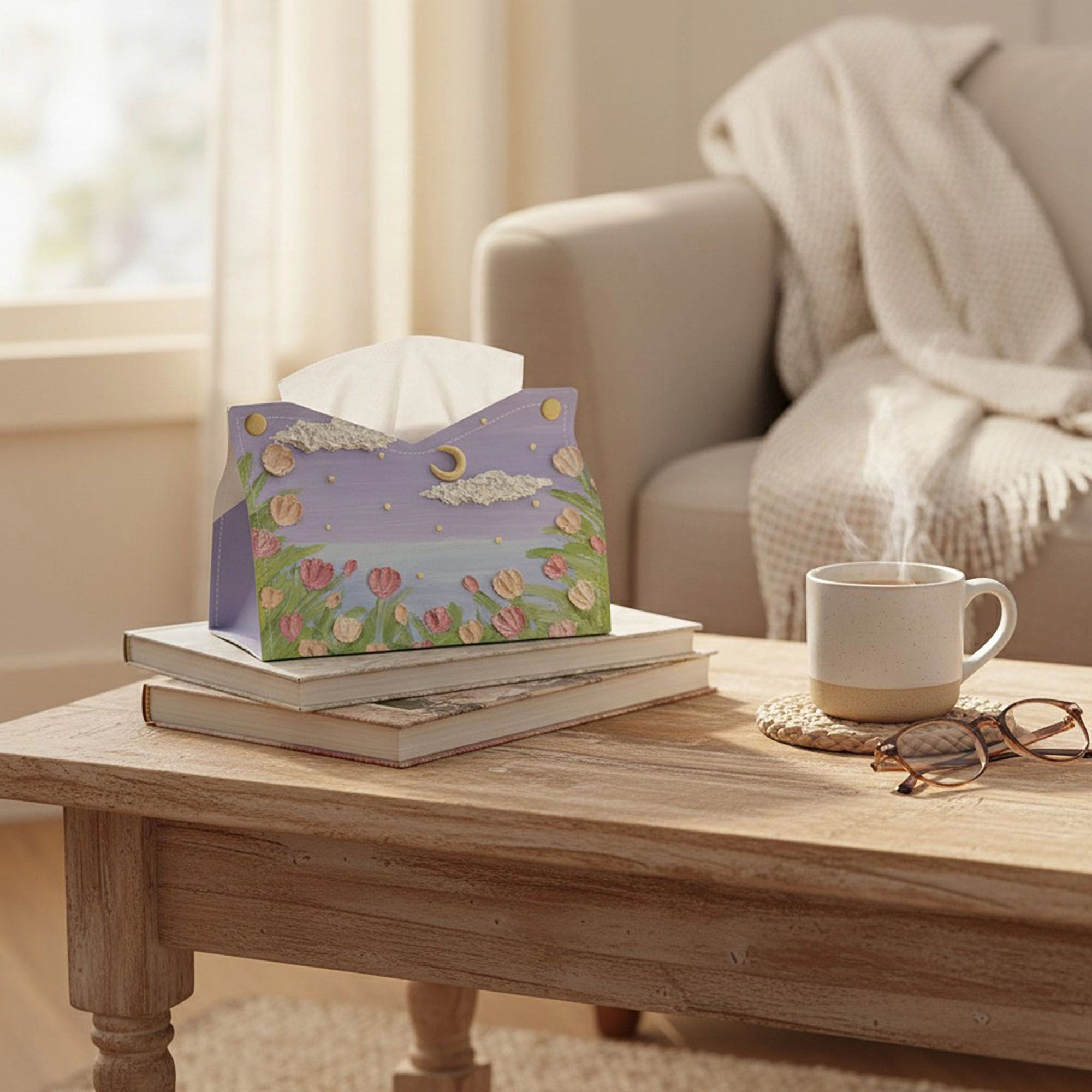 Alilang Unisex 3-Piece Floral Decorative Tissue Box Cover with Painted Tulip Design