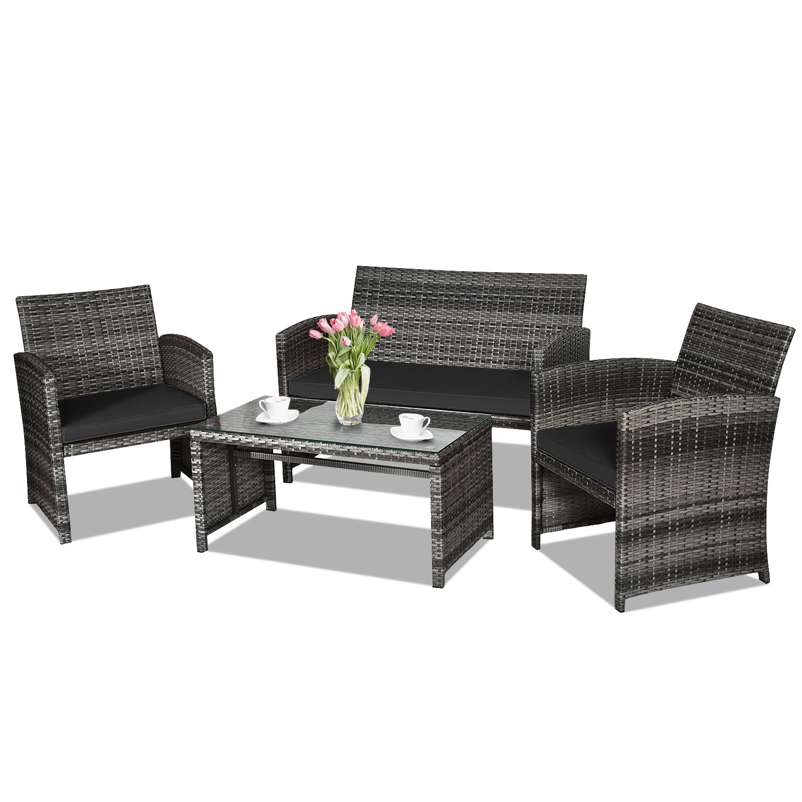 SUGIFT 4-Piece Black Outdoor Wicker Patio Set with Loveseat, 2 Armchairs and Glass Coffee Table