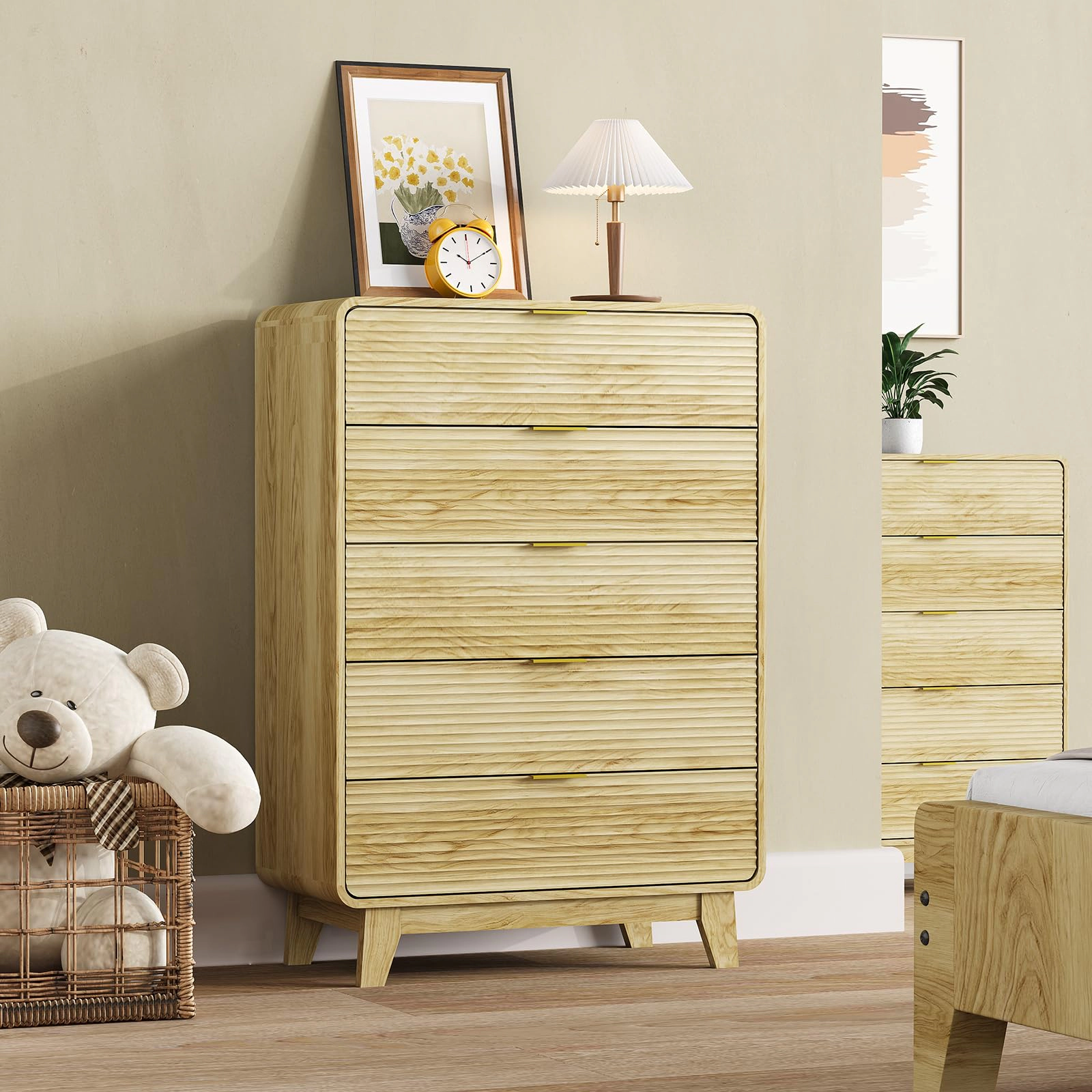 Fluted 5-Drawer Dresser with Gold Handles, 46" Tall Wood Storage Cabinet, Curved Profile Design