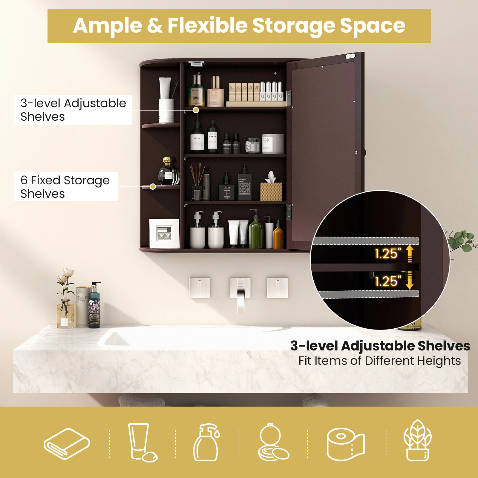 SUGIFT Wall-Mounted Bathroom Mirror Cabinet with Storage Shelves 44-lb Top Capacity 11-lb Shelves MDF 26-in Wide Brown