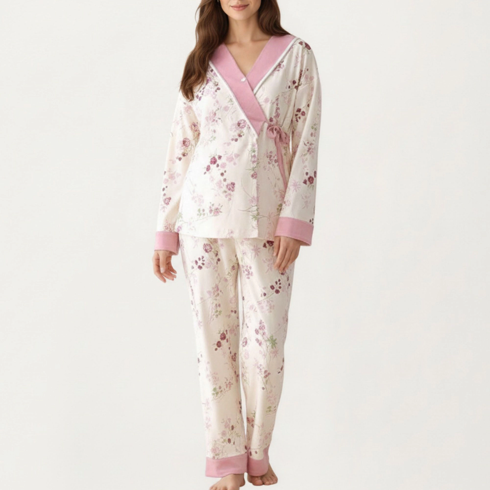 Anna-Kaci Women's 2-Piece Floral Wrap Front Pajama Top with Long Sleeves and Matching Relaxed Fit Pants