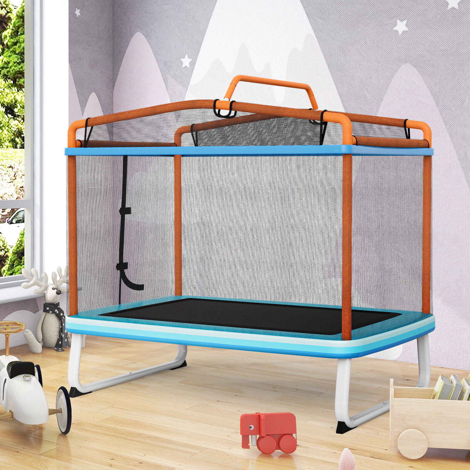 SUGIFT Swing Horizontal Bar and Safety Net 6 Feet Rectangle Kids Trampoline
