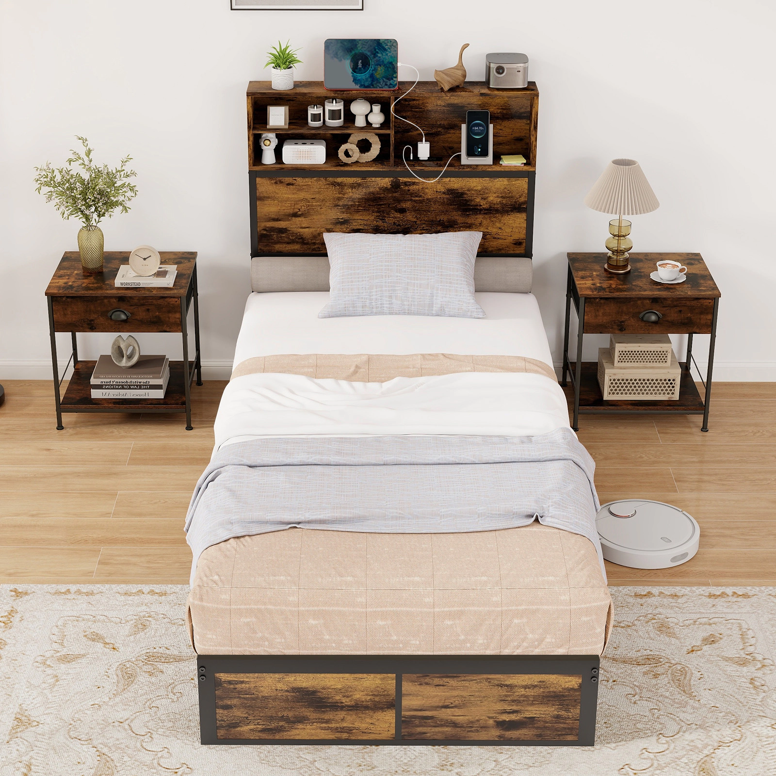 LJG Twin/Full/Queen/King Size Bed Frame with Storage Headboard Industrial Metal Platform Bed