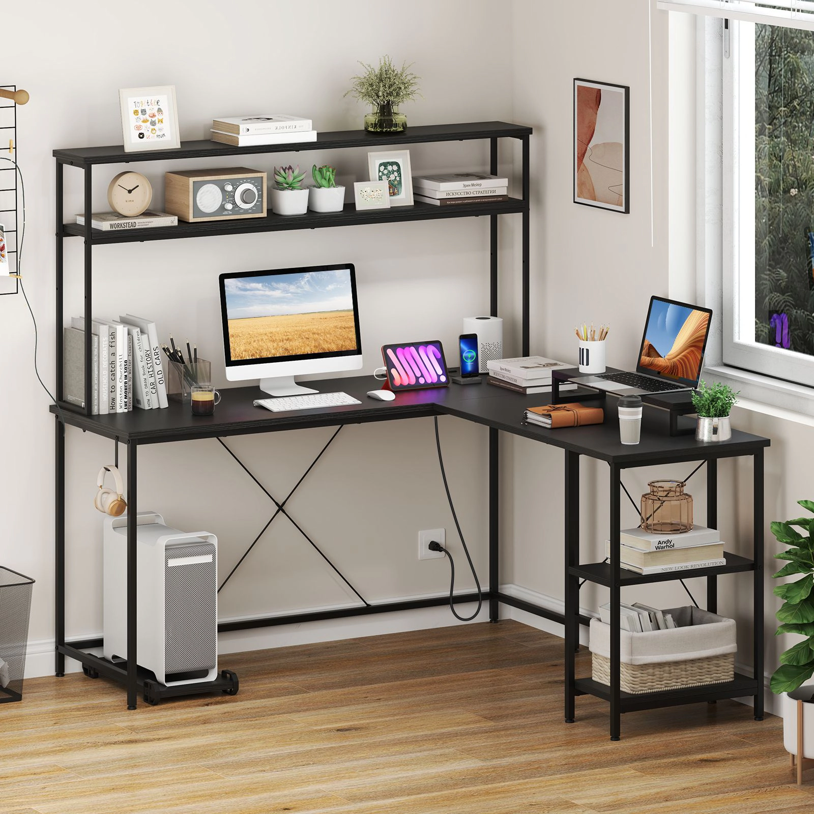 SlickBlue L Shaped Gaming Desk with LED Lights Power Strip Storage Shelves