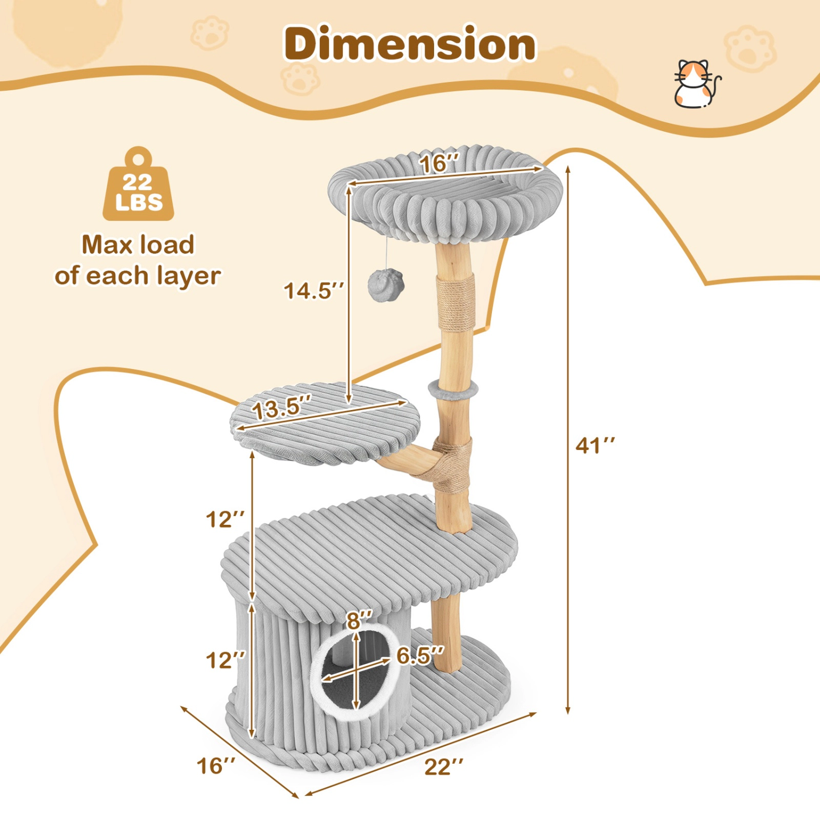 SUGIFT 41-in Tall Multi-level Modern Cat Tower with Real Pear Wood Branches Scratching Posts 22-lb Capacity Gray