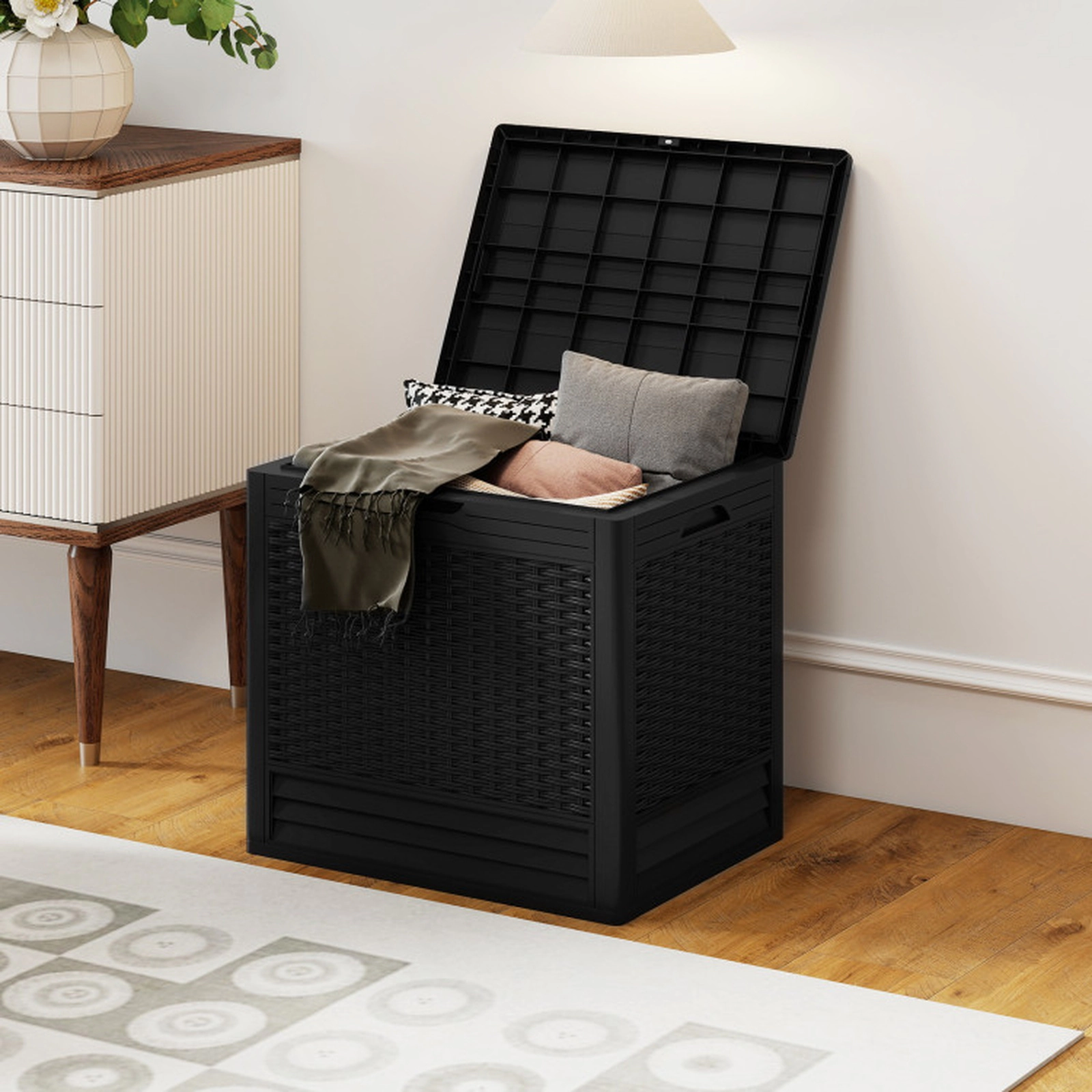 SUGIFT 25 Gallon Outdoor PP Storage Box with Rattan Patterns 180-lb Capacity 23-in Long Deck Box Side Table Seat Black