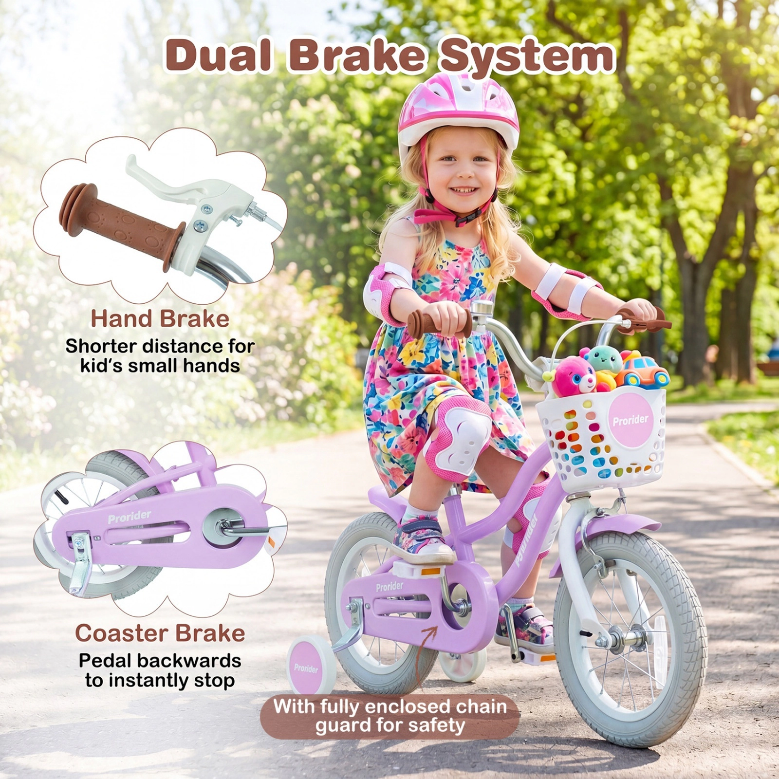 12-in Kids Bike 2-Brake System Ages 3-4 Purple Bicycle Training Wheels Chain Guard 110-lb Seat Capacity