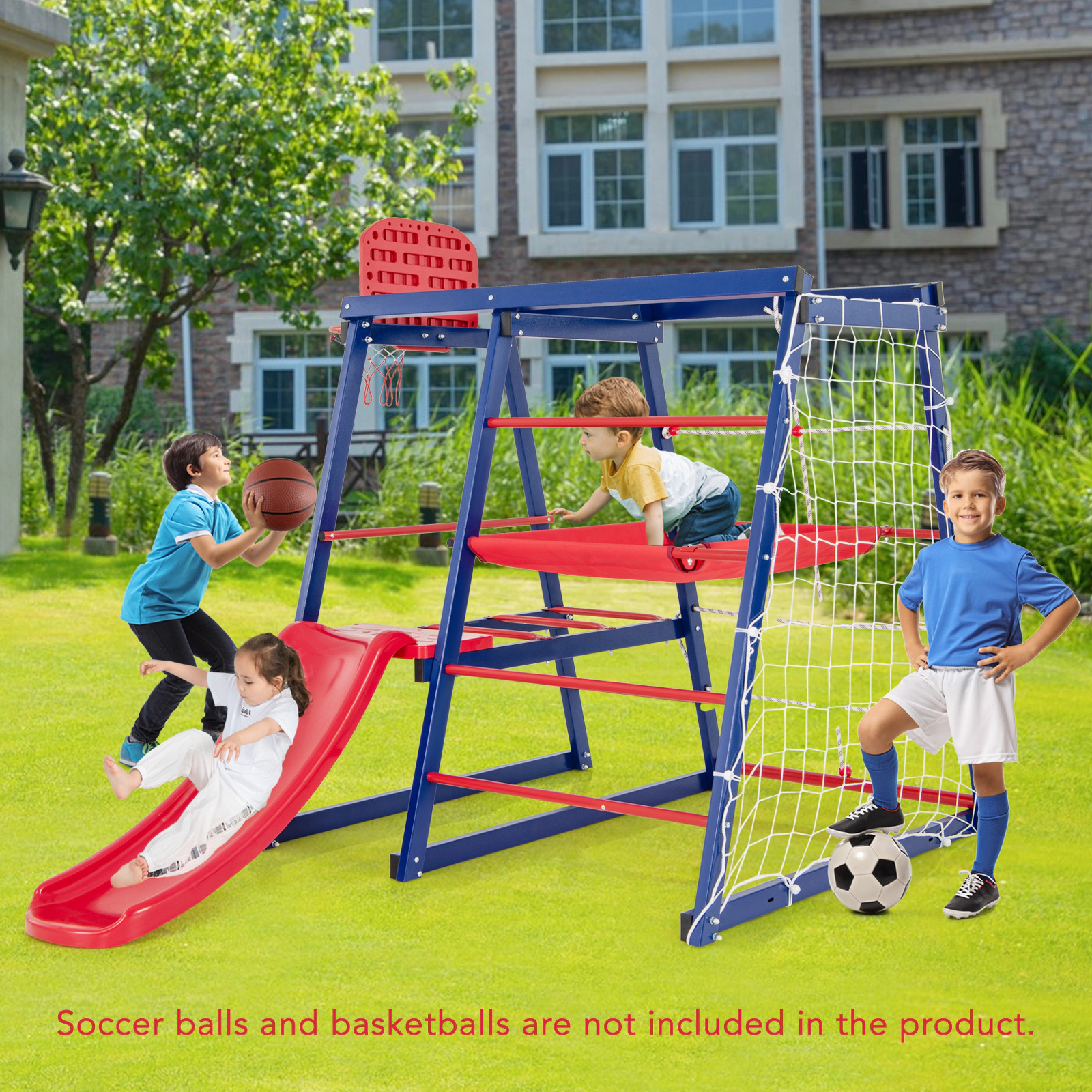 SUGIFT 7-in-1 Metal Toddler Climbing Playset with Slide and Fabric Platform 265-lb Capacity for Ages 3-7 Red Blue