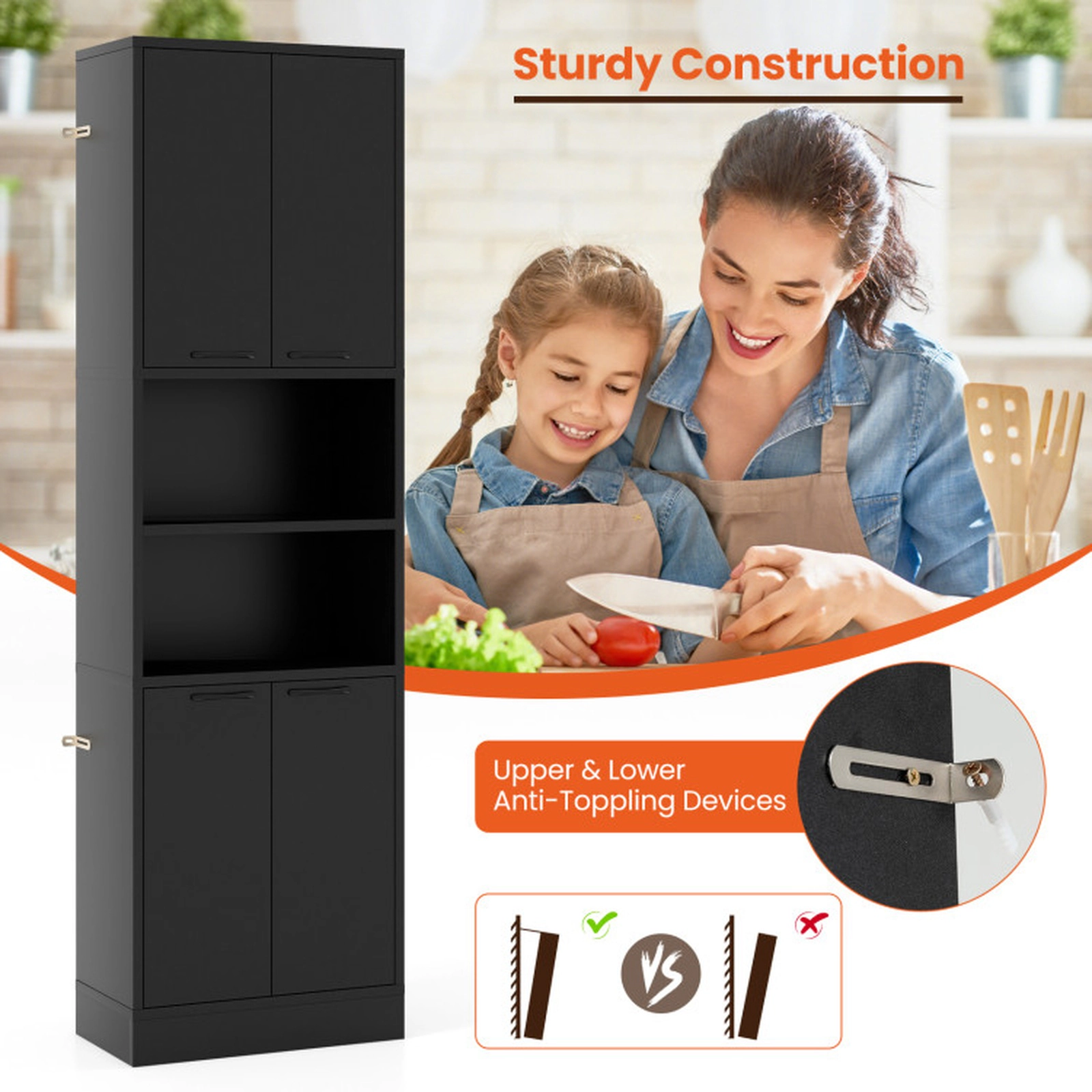 SUGIFT 75-in Slim Engineered Wood 4 Doors 2 Open Shelves Kitchen Pantry Cupboard 22-in x 12-in 300-lb Capacity Black