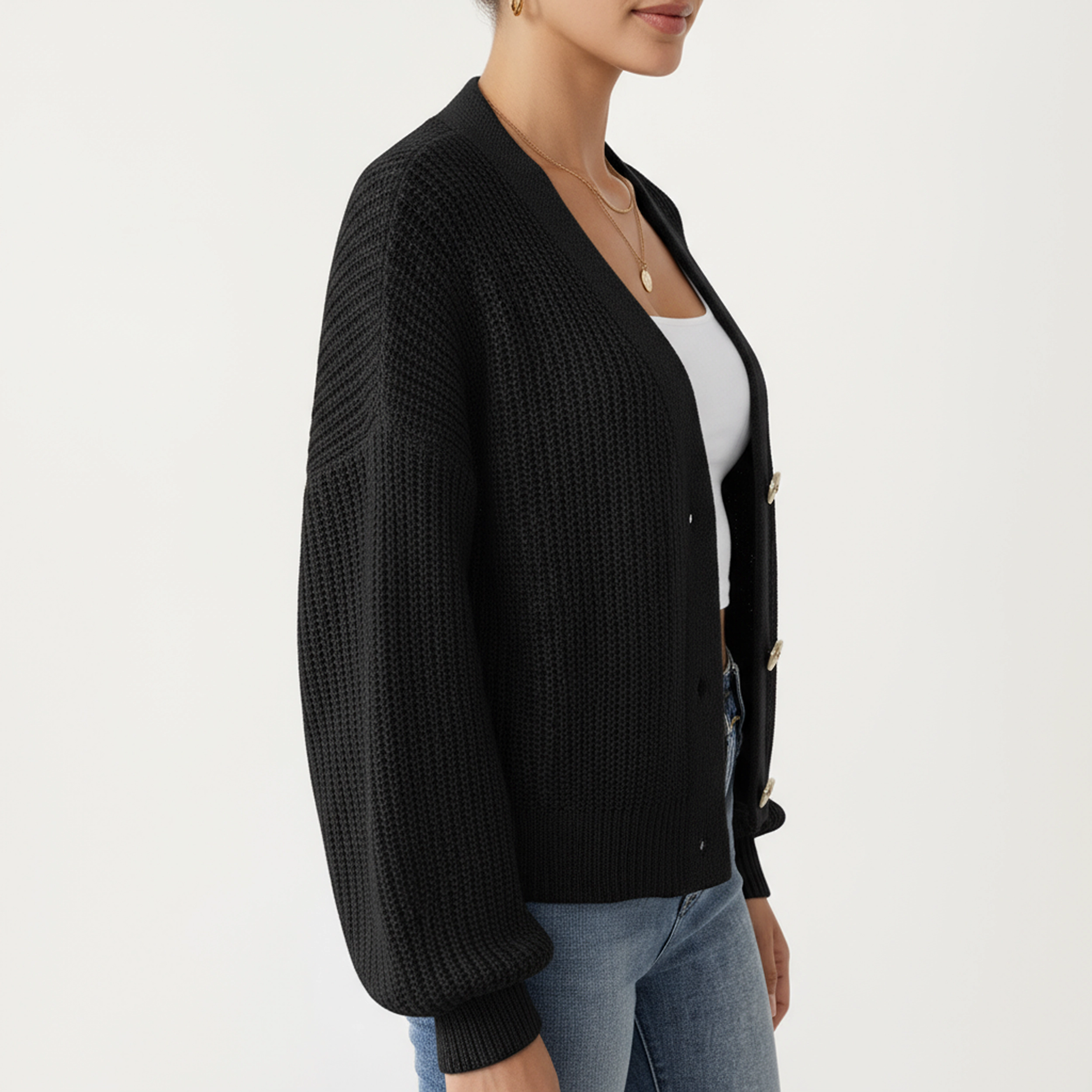 Anna-Kaci Women's Button Front Knit Cardigan with Long Lantern Sleeves and Relaxed Fit Design