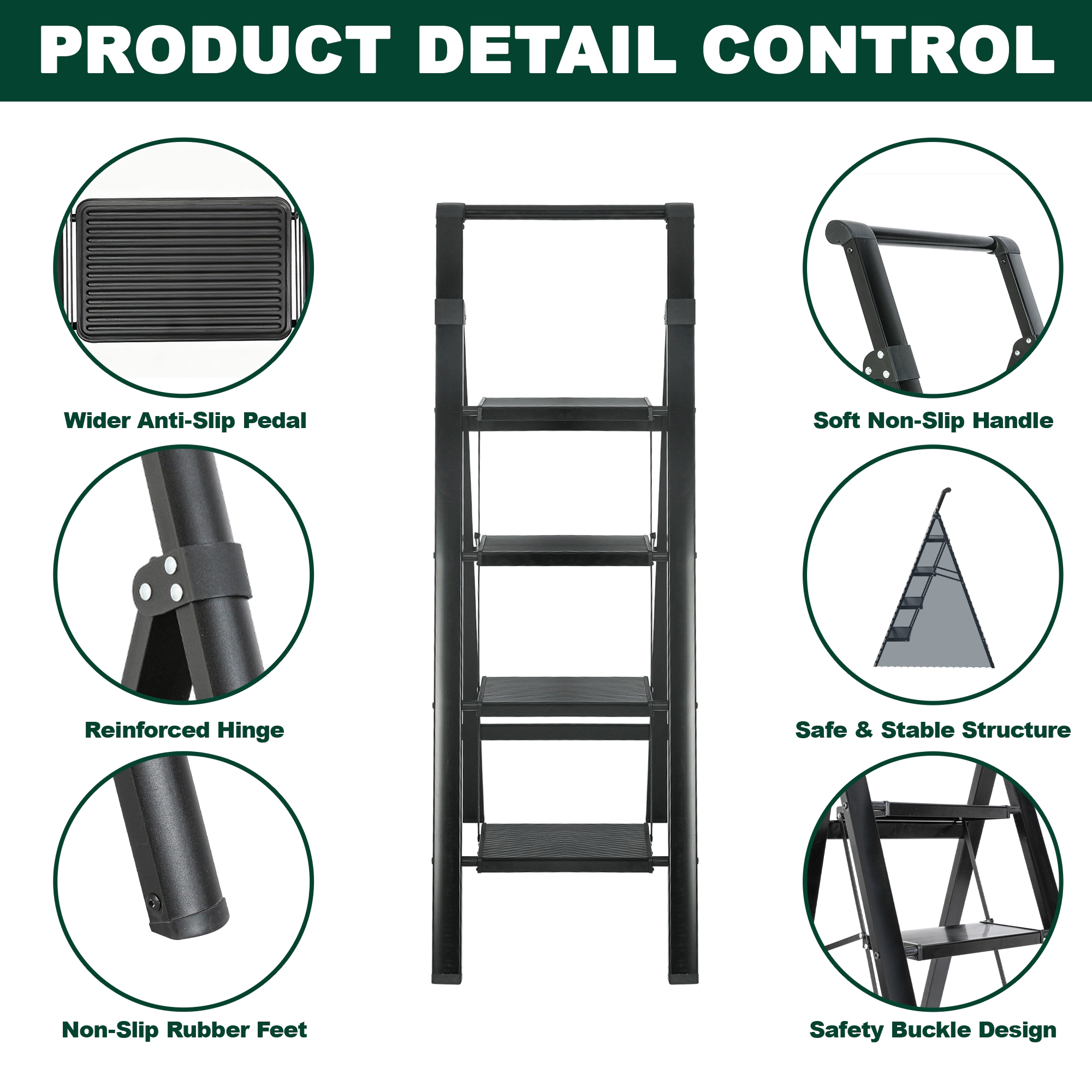 Flynama 4 Step Ladder- 330lb Capacity Steel Foldable Step Stool (Black)