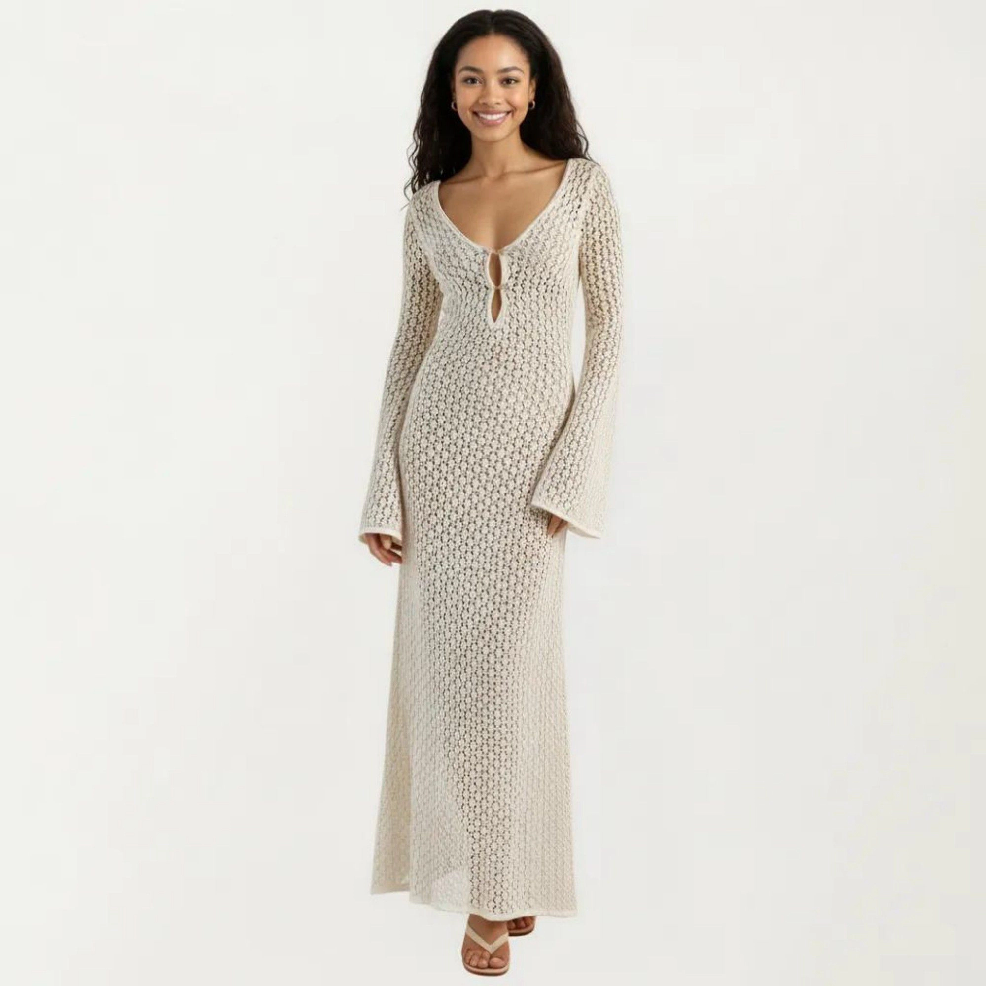 Anna-Kaci Women's Sheer Knit Crochet Long Bell Sleeve Deep V Neck Maxi Swim Cover Up Dress