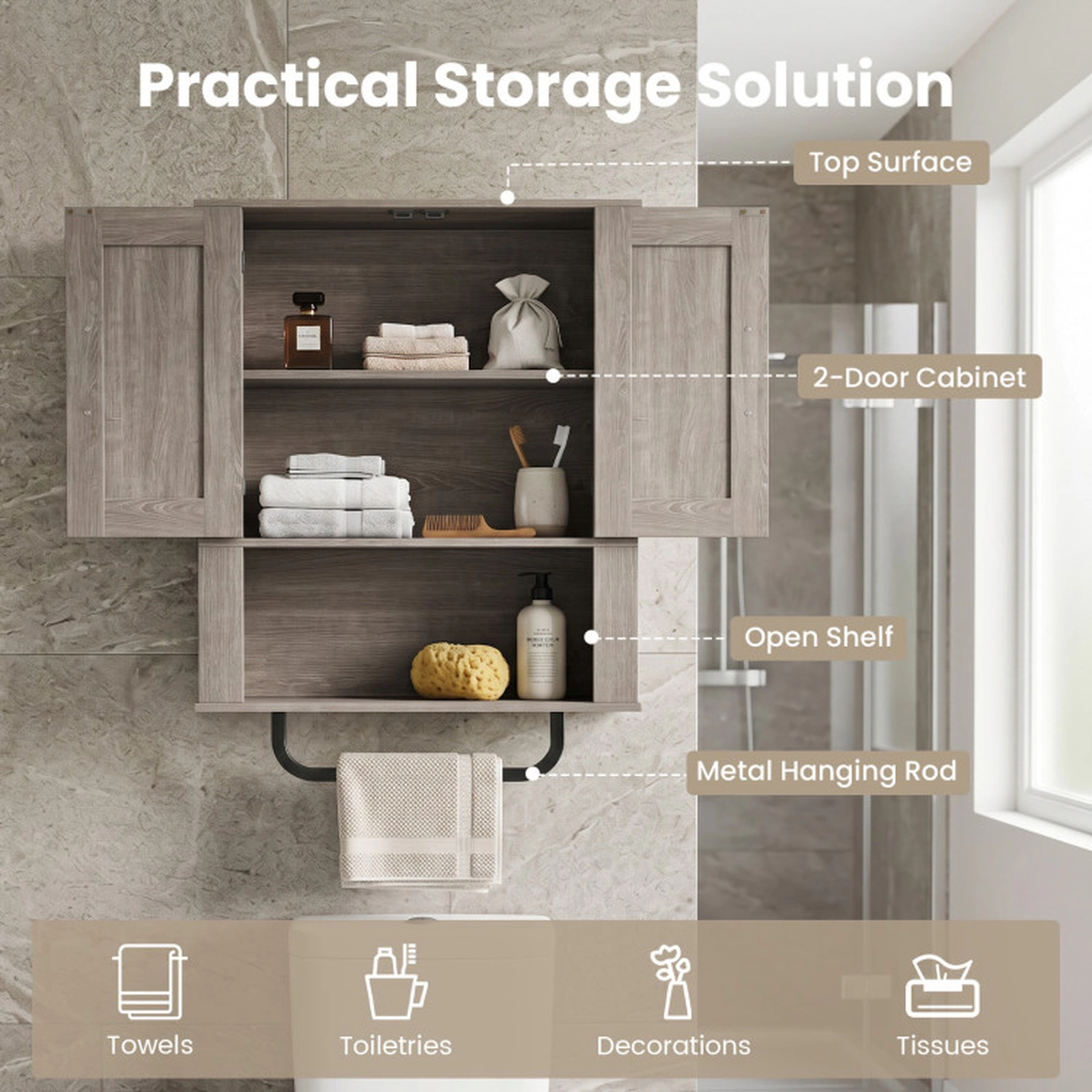 SUGIFT 2 Barn Doors Towel Bar 3-Tier Wall Mount Bathroom Storage Cabinet 24-in x 8-in x 33-in 11-lb per Shelf Gray