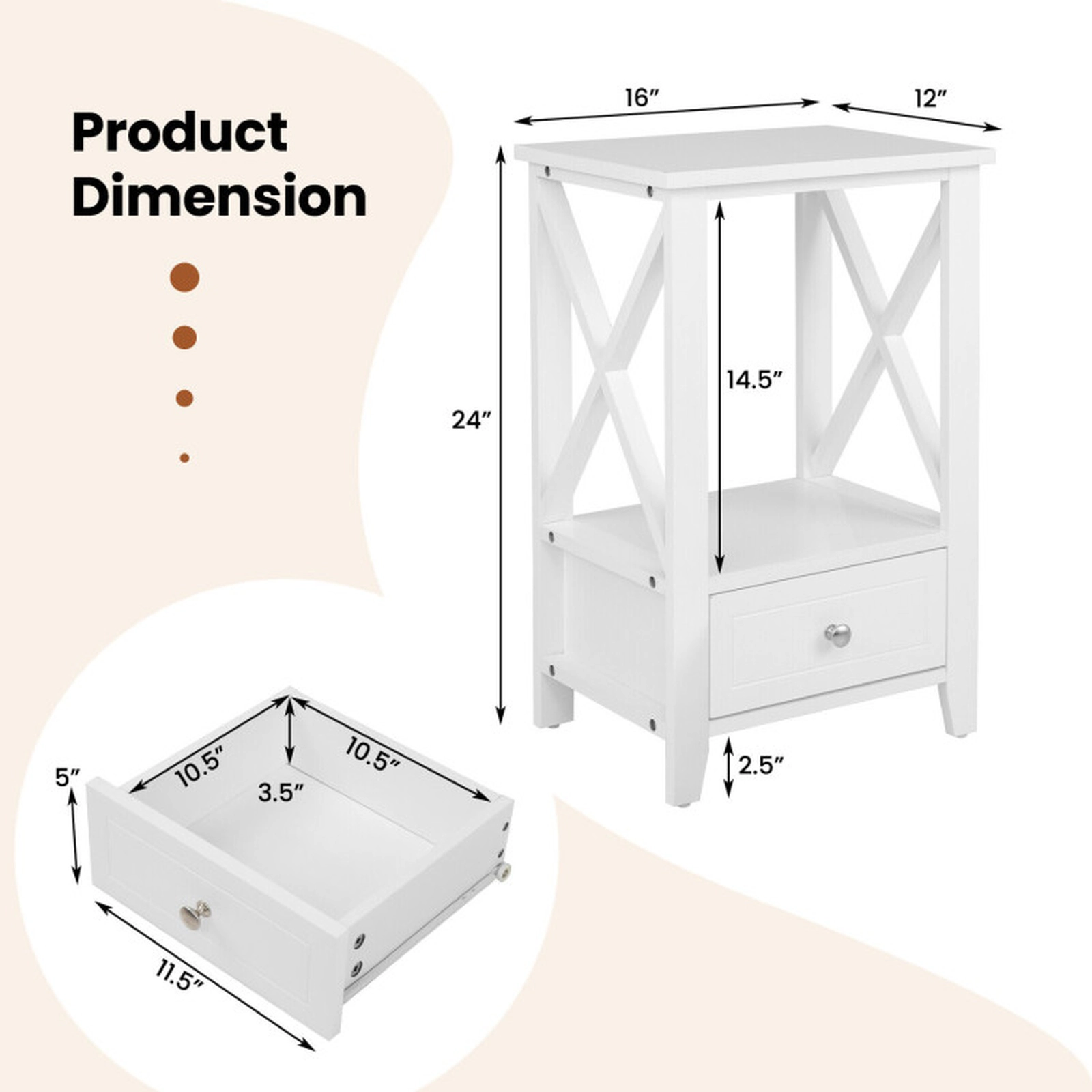 SUGIFT 2-Tier MDF Nightstand with Storage Drawer and Open Shelf 66-lb Tabletop Capacity White