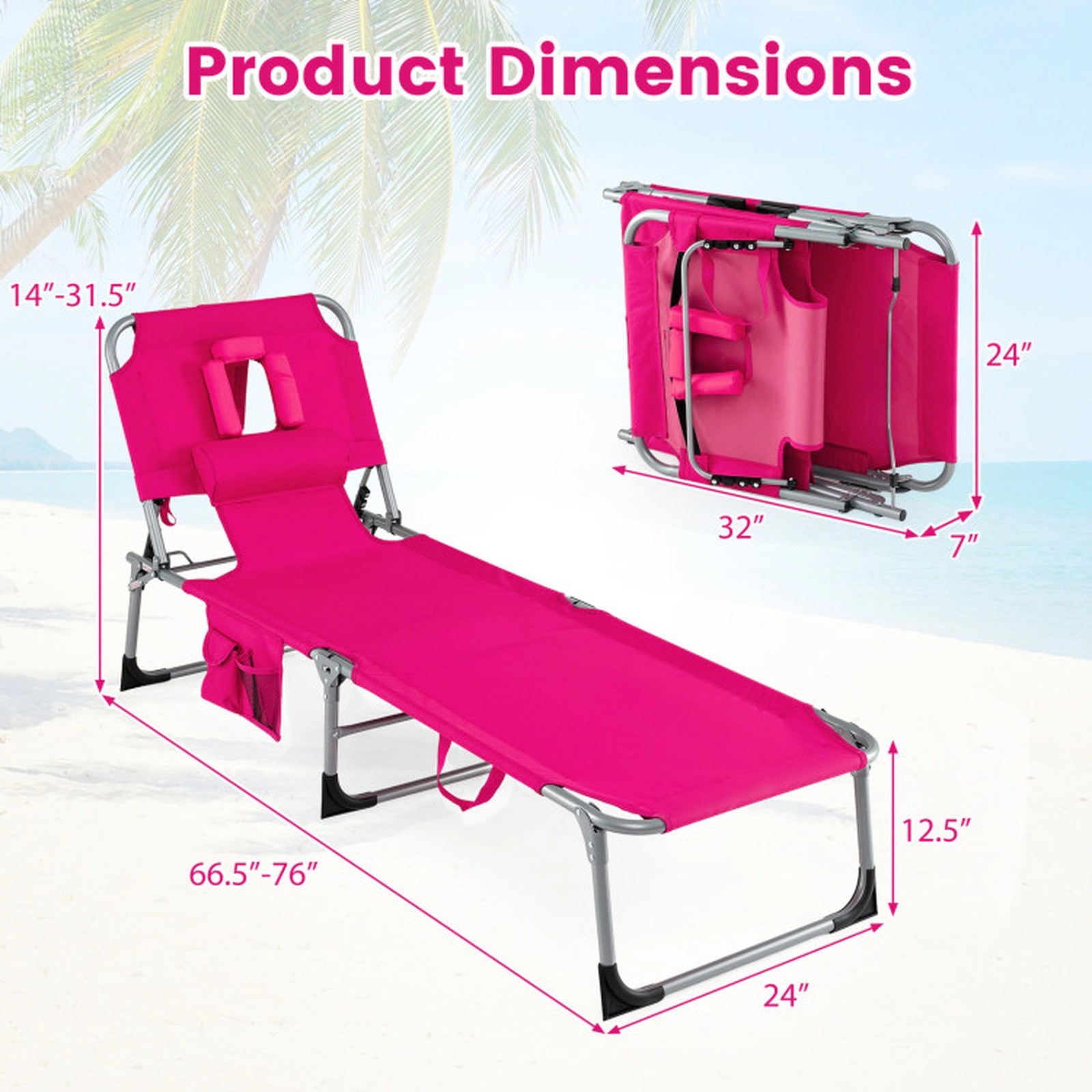 SUGIFT Set of 2 Portable Tanning Chaise Lounge Chairs with 4-Position Adjustable Backrest 330-Lb Capacity Pink