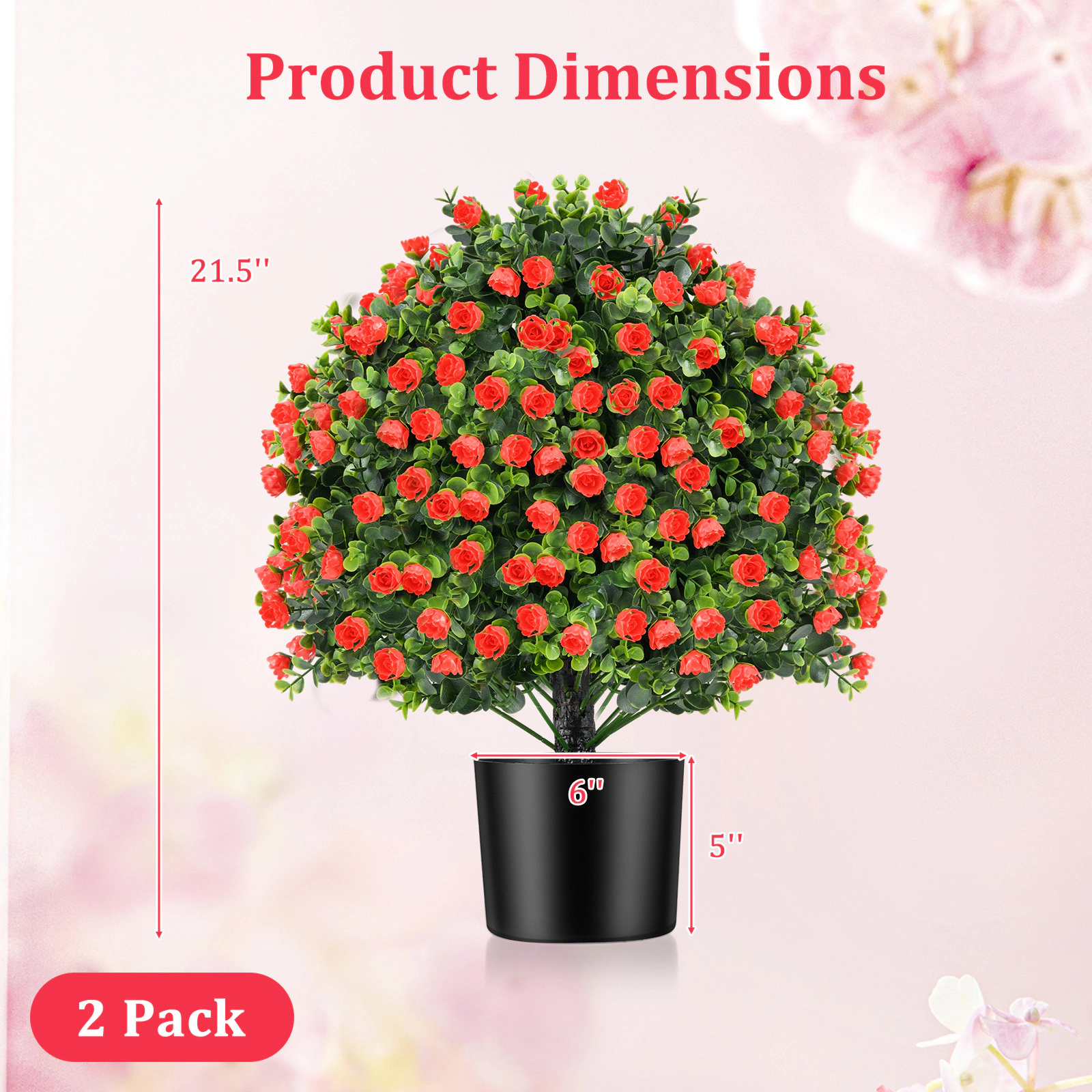 SUGIFT 2 Pack Artificial Rose Topiary Ball Trees Faux Shrub Bushes with Flowers 21.5-in Tall Green & Red & Black
