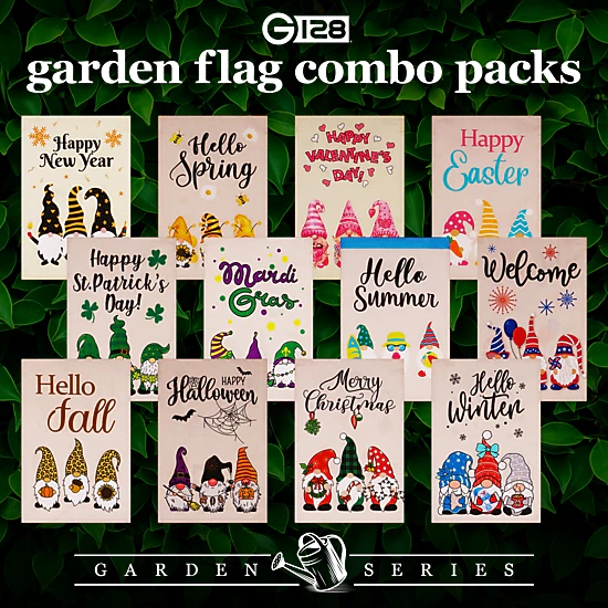 G128 Holiday Gnomes Garden Flag Set 12x18 inch - 12pc Burlap Polyester Double-Sided
